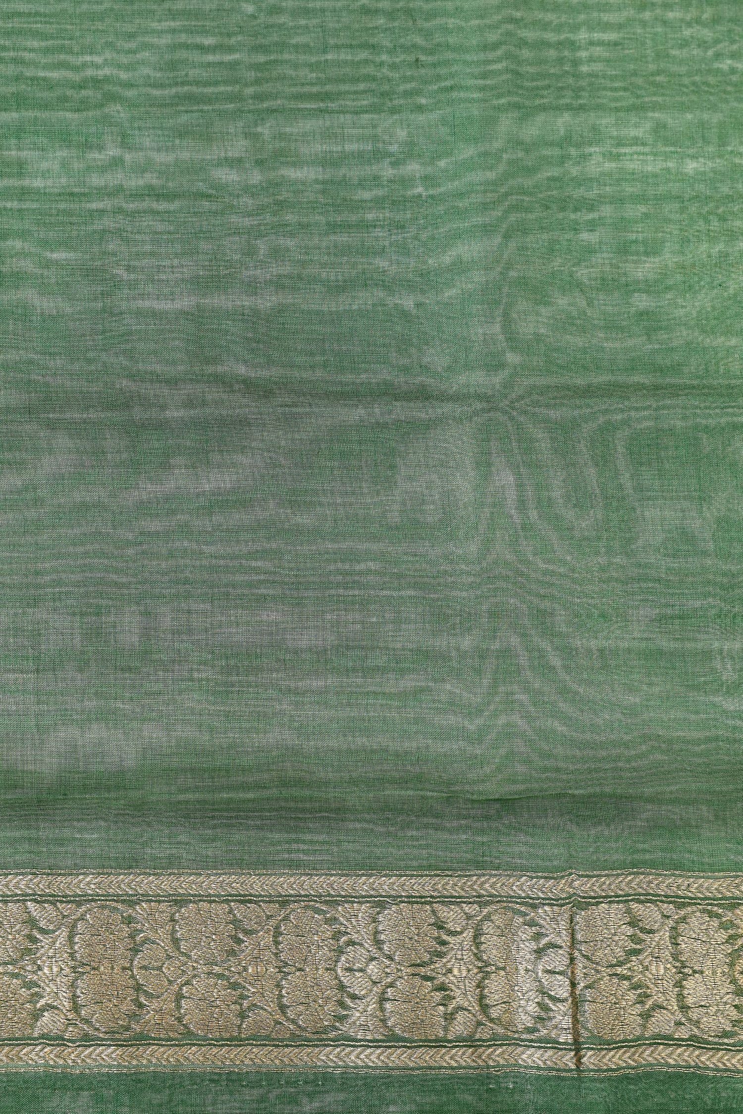 Bottle Green Tissue Silk Saree With Gold Stripes