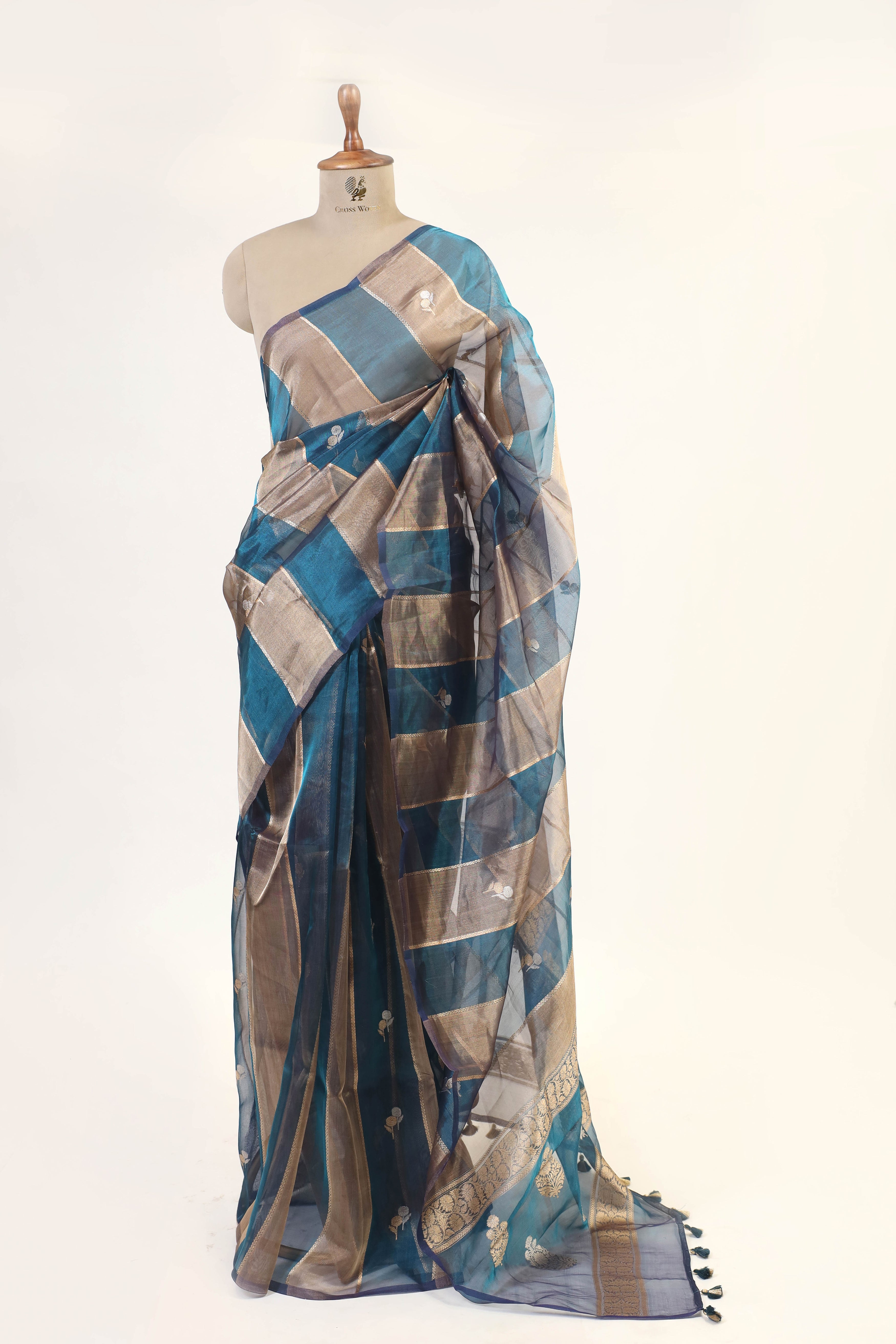 Carolina Blue Tissue Silk Saree With Gold Stripes