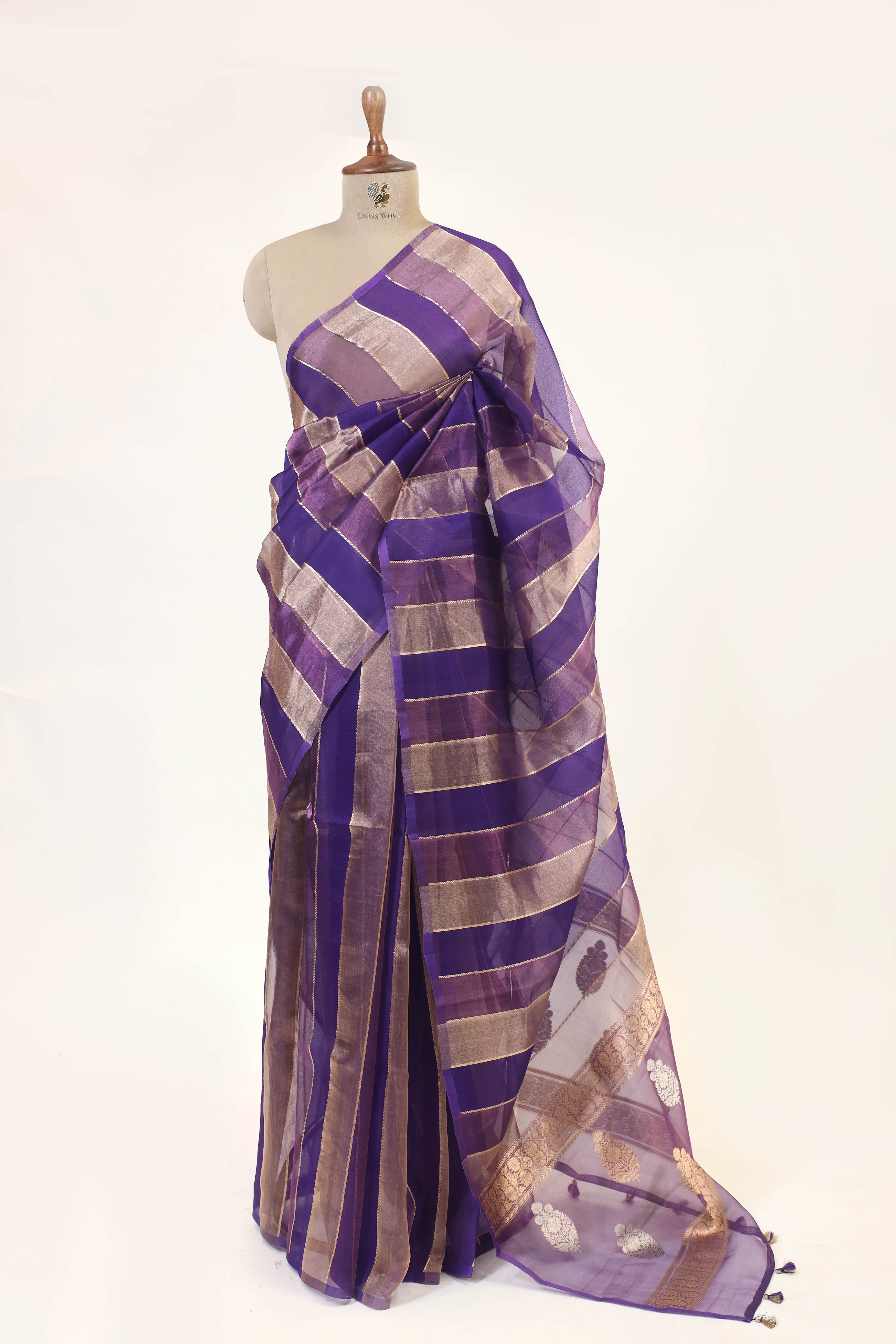 Indigo Blue Tissue Silk Saree With Gold Stripes