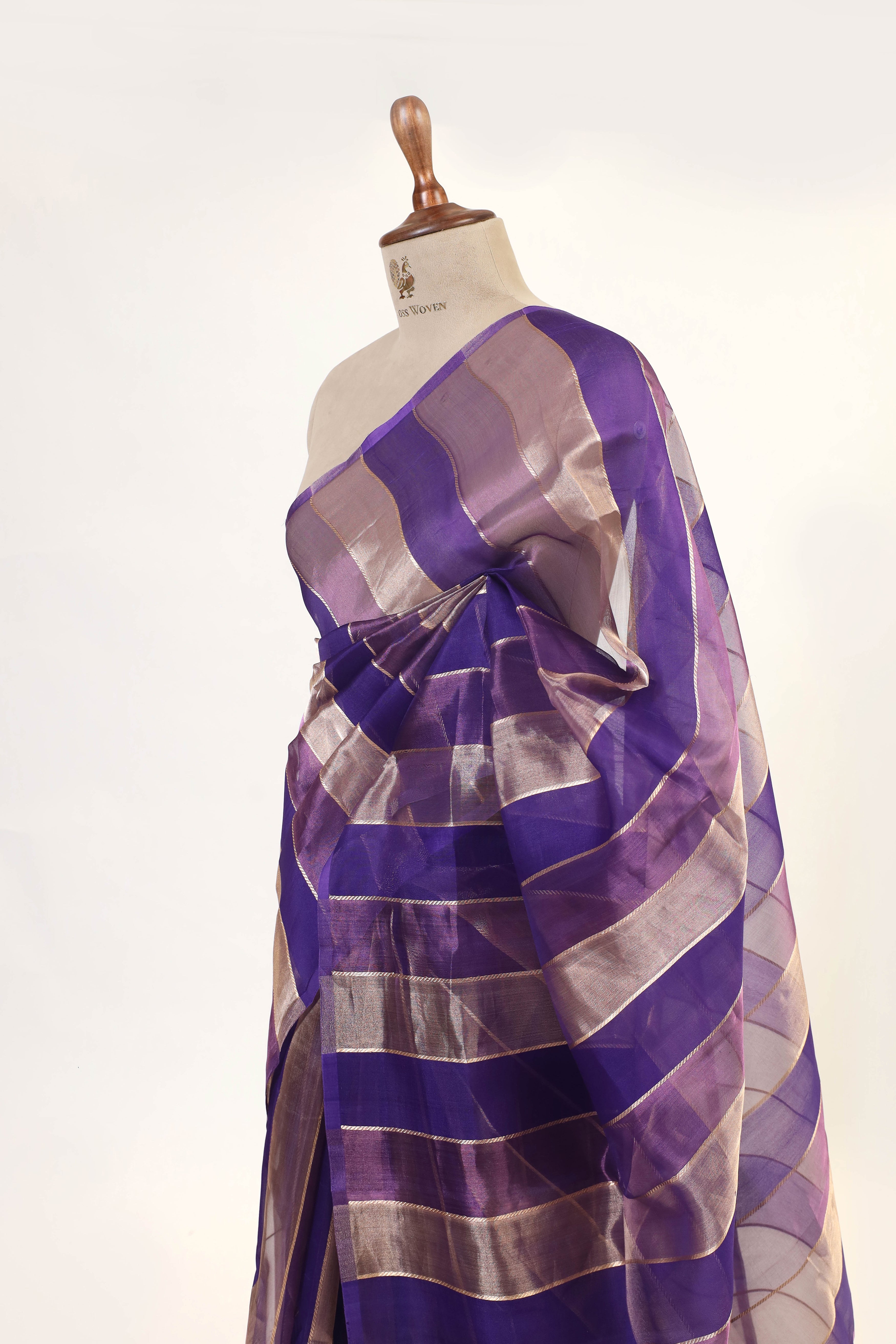 Indigo Blue Tissue Silk Saree With Gold Stripes