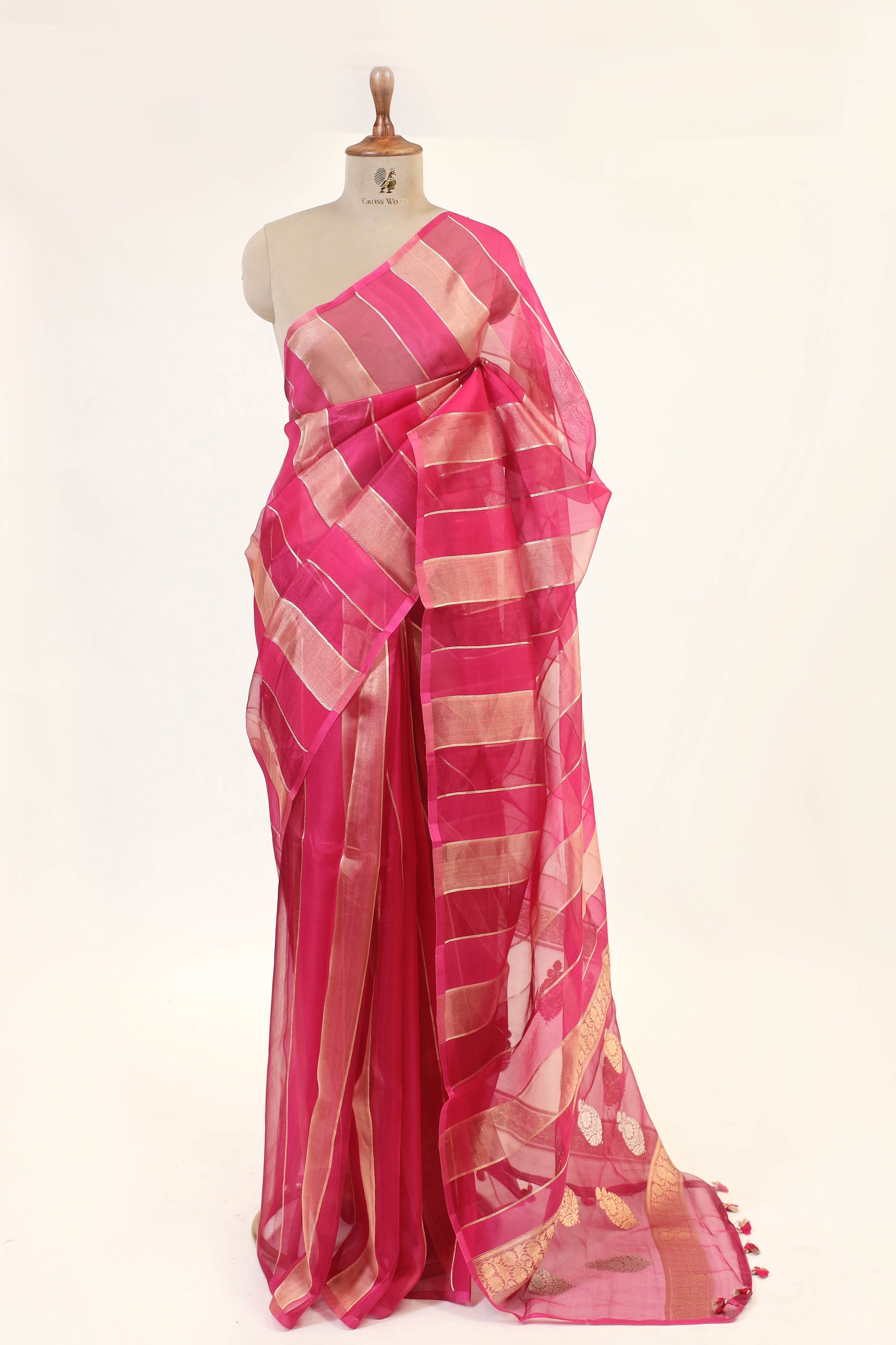 Pink Tissue Silk Saree With Gold Stripes