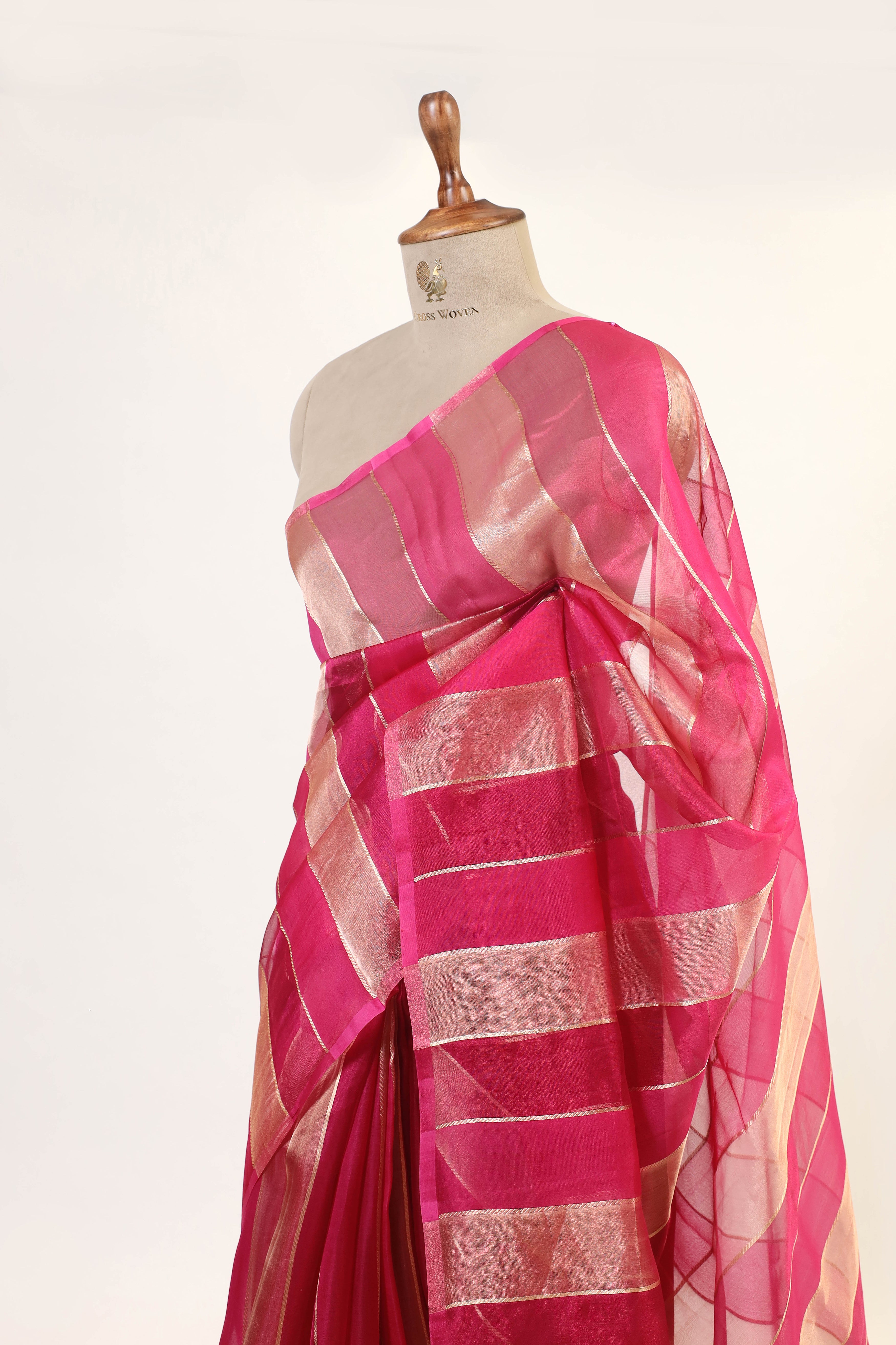 Pink Tissue Silk Saree With Gold Stripes