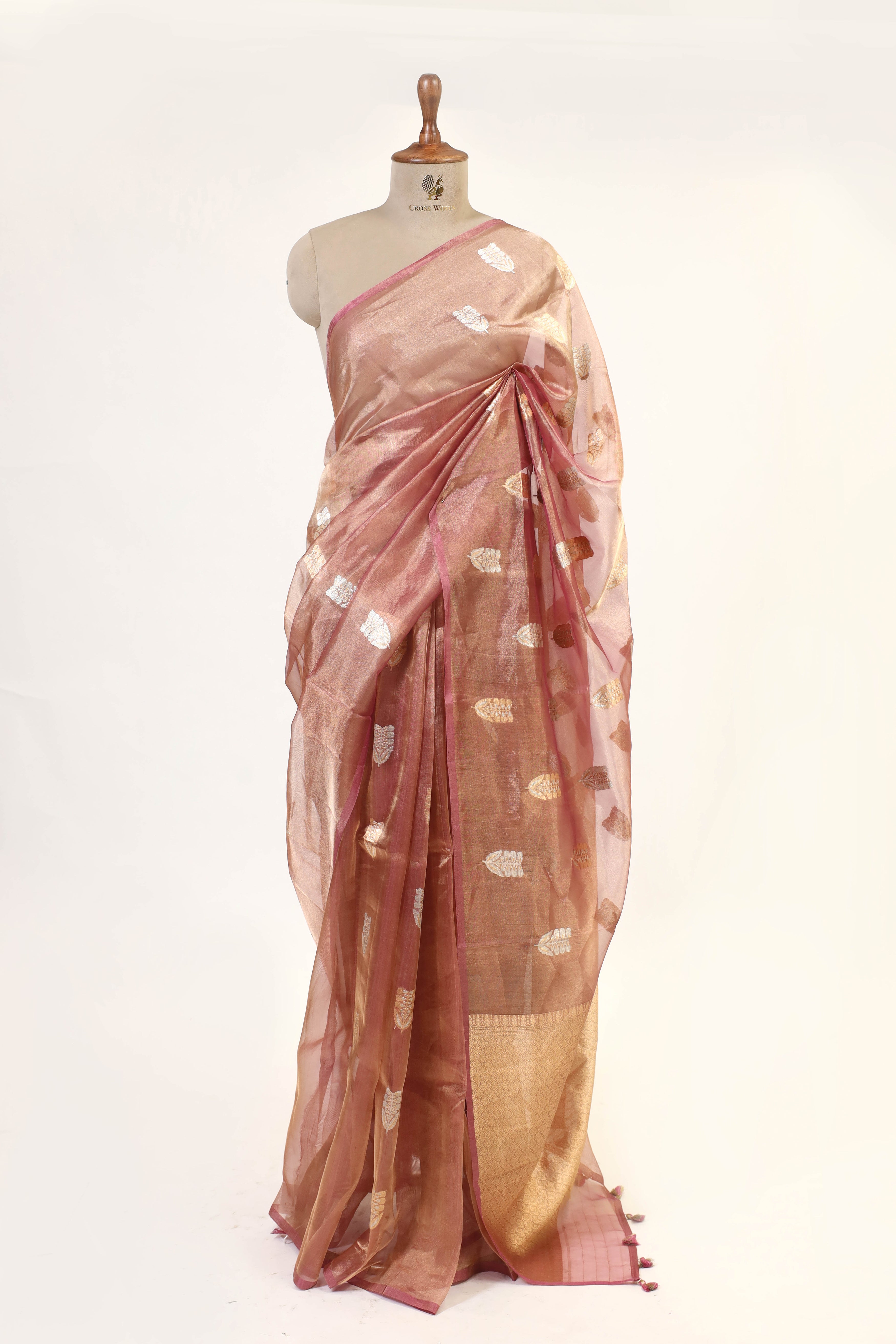 Rust Tissue Silk Saree with Gold-Silver Zari Floral Motifs