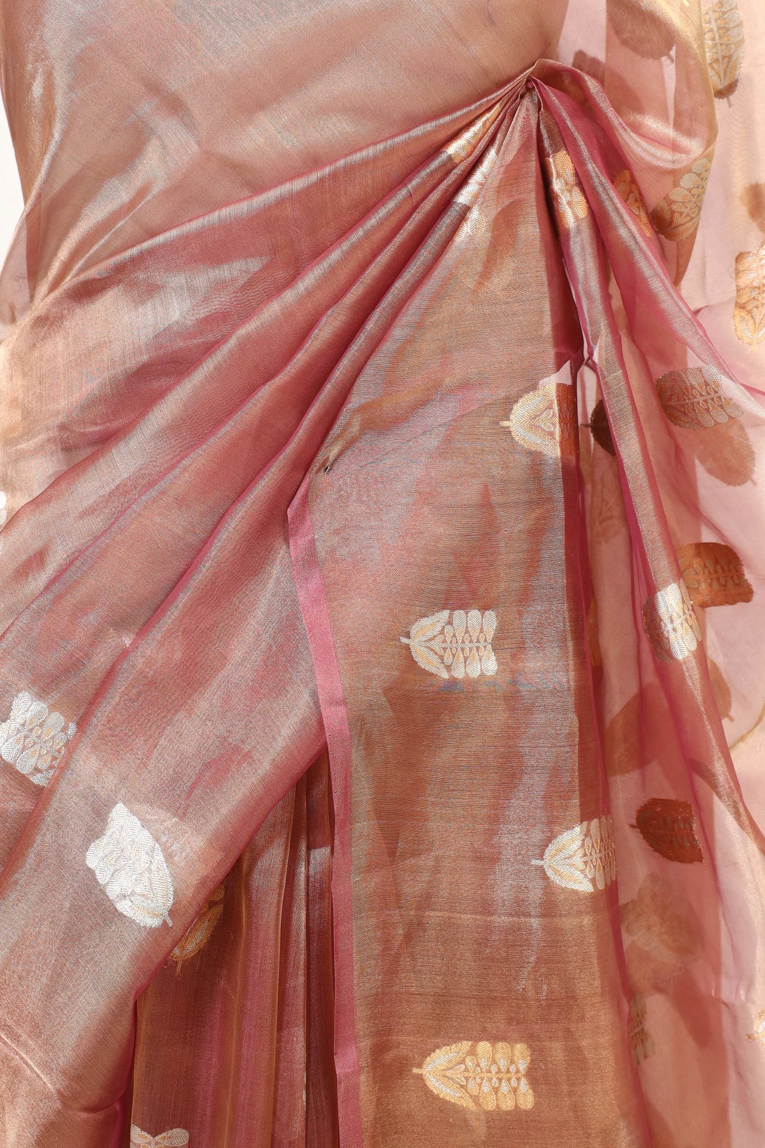 Rust Tissue Silk Saree with Gold-Silver Zari Floral Motifs