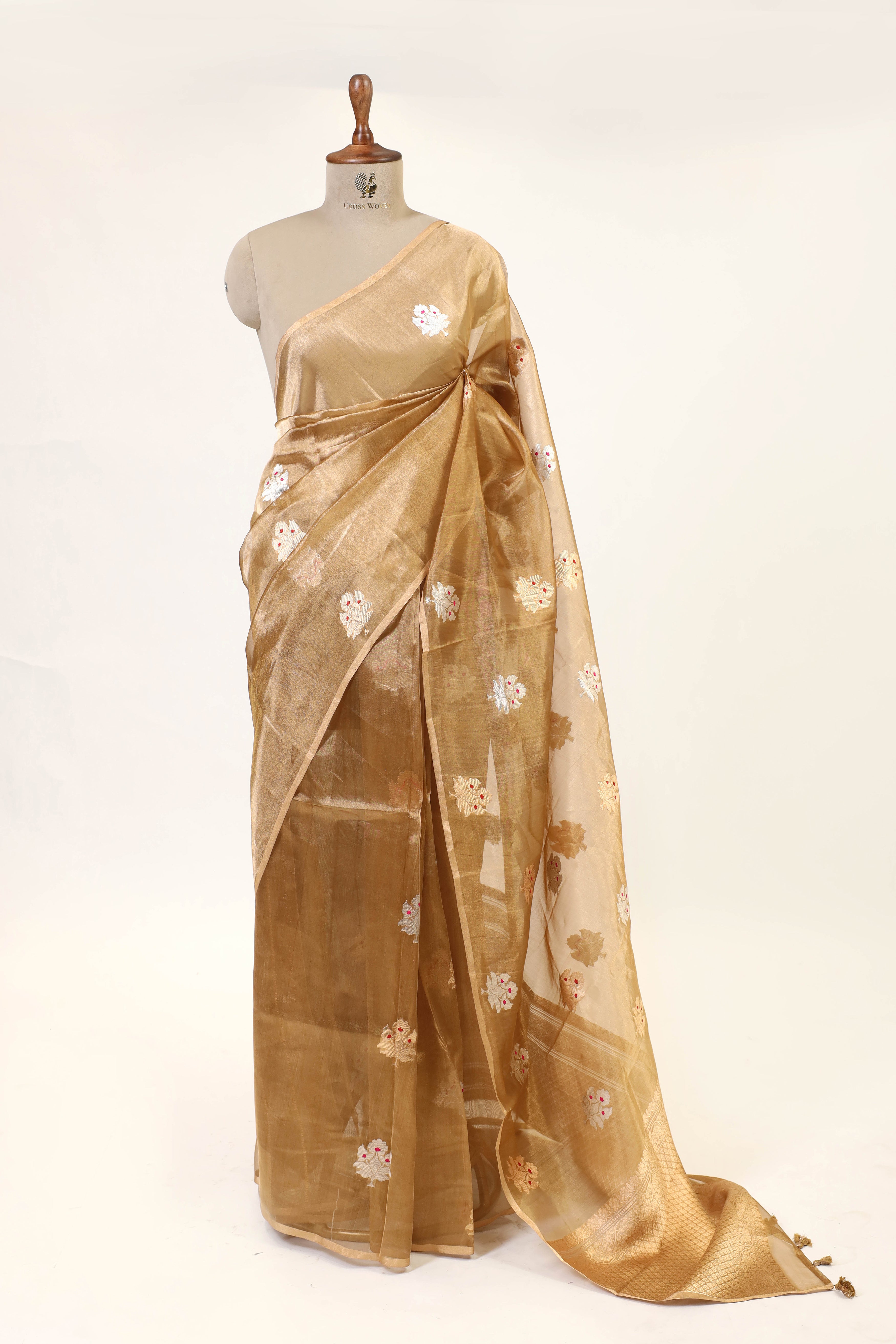 Golden Tissue Silk Saree with Meena Zari Floral Motifs