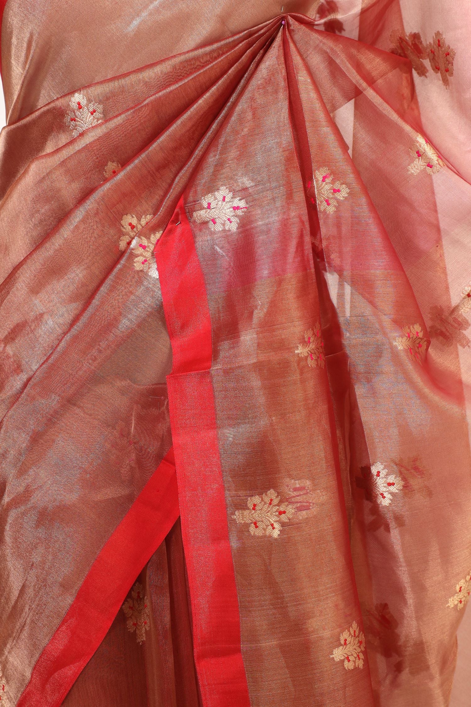 Red Tissue Silk Saree with Meena Zari Floral Motifs