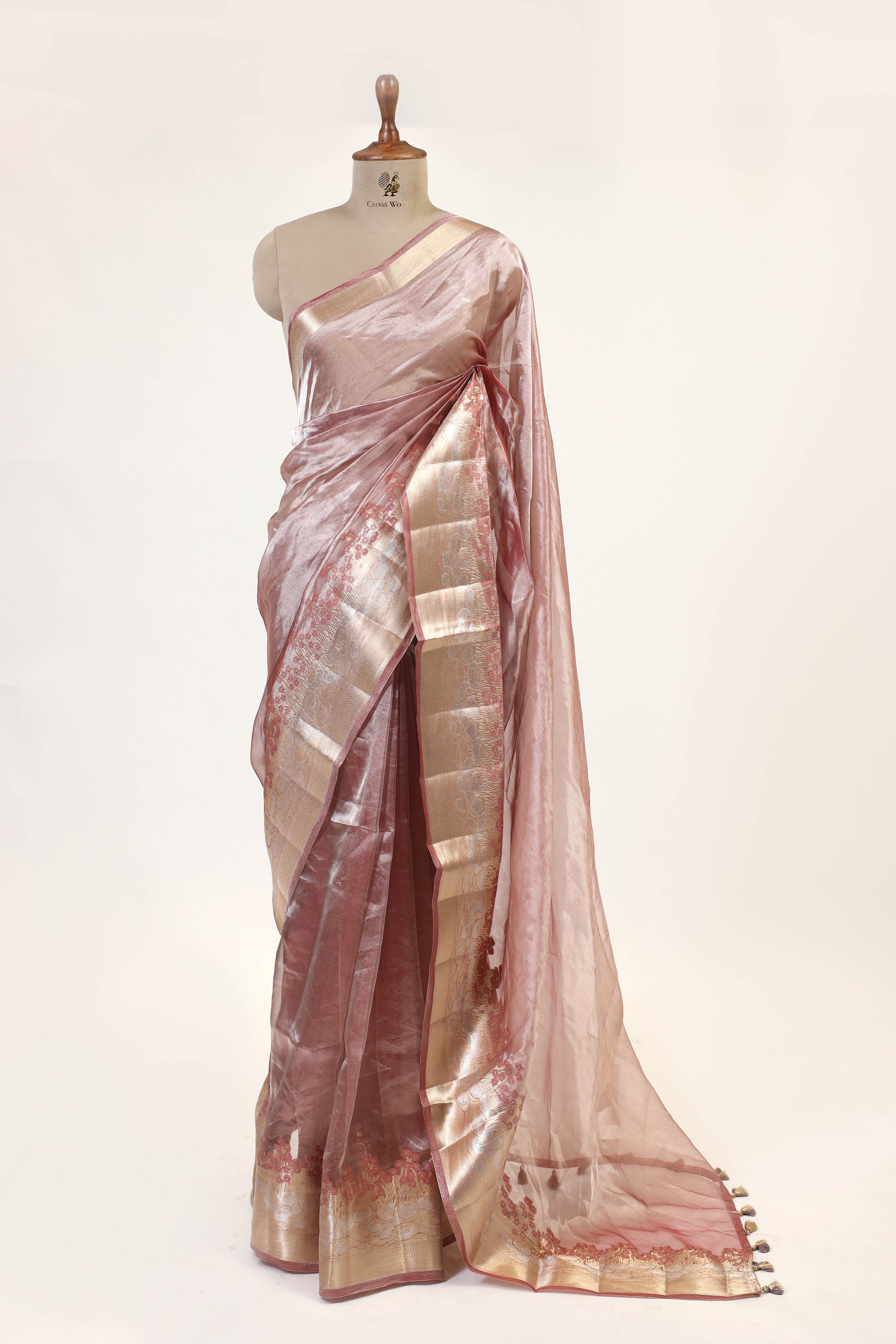 Mauve Pink Tissue Silk Saree With Elagant Floral Design Border