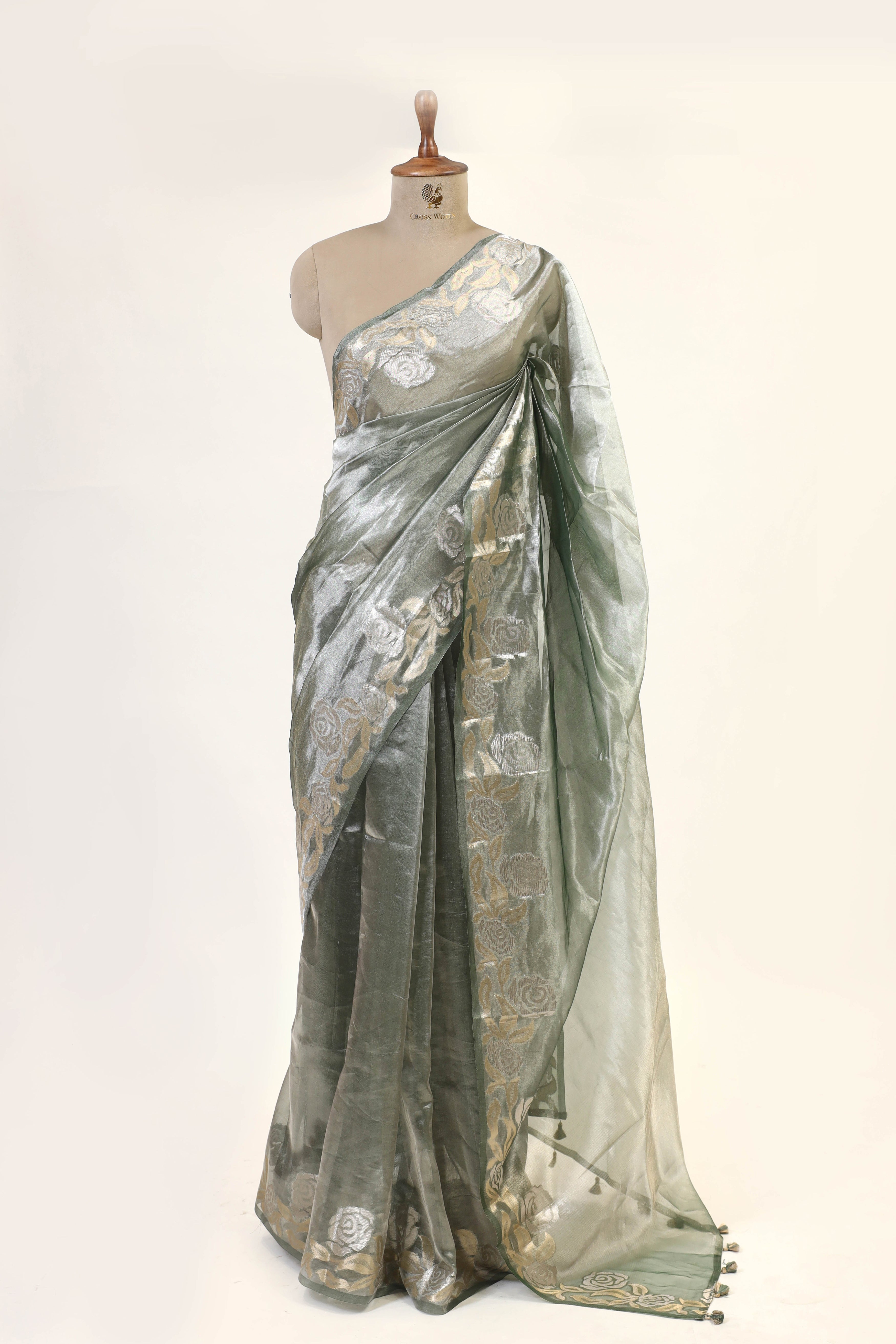 Sage Green Tissue Silk Saree With Elagant Floral Design Border