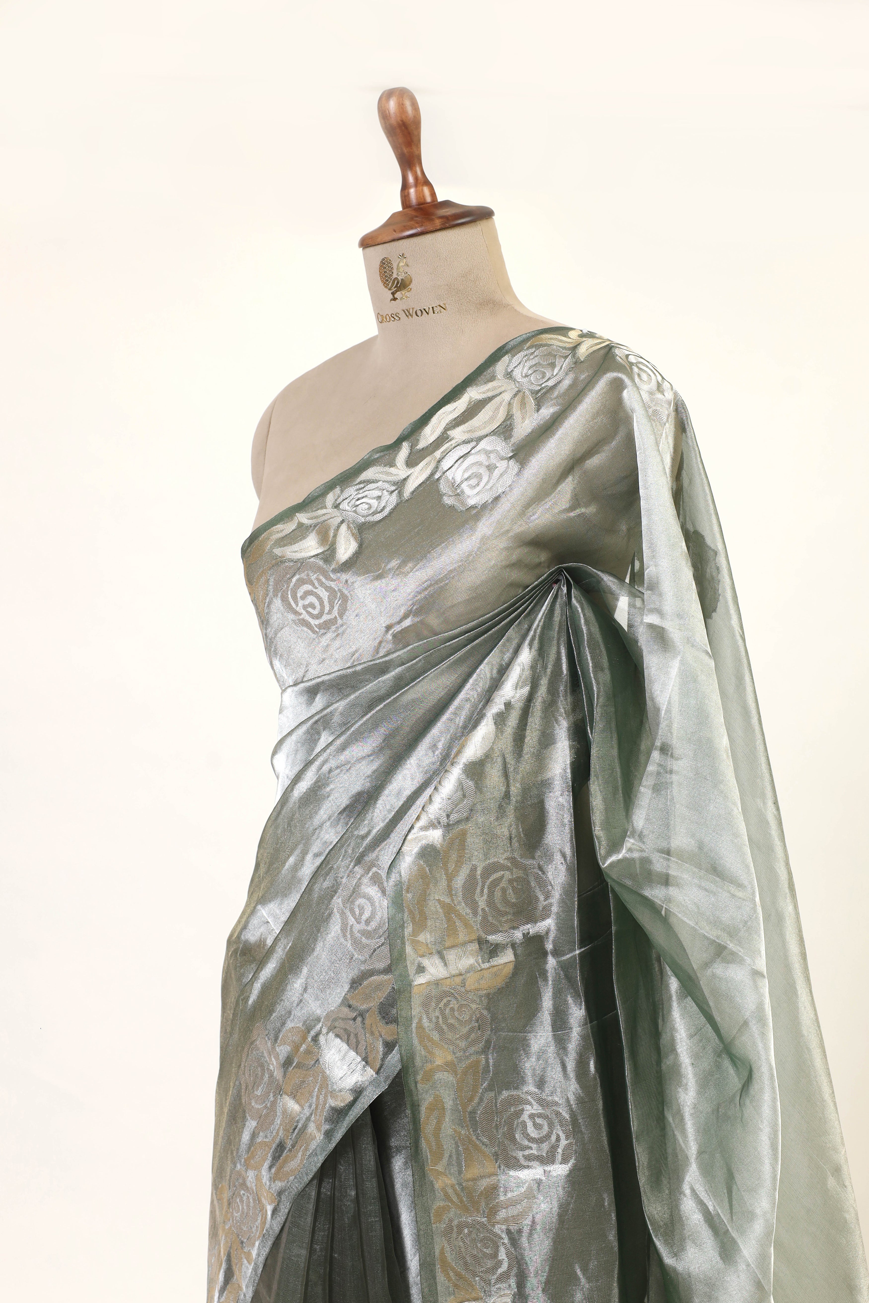 Sage Green Tissue Silk Saree With Elagant Floral Design Border