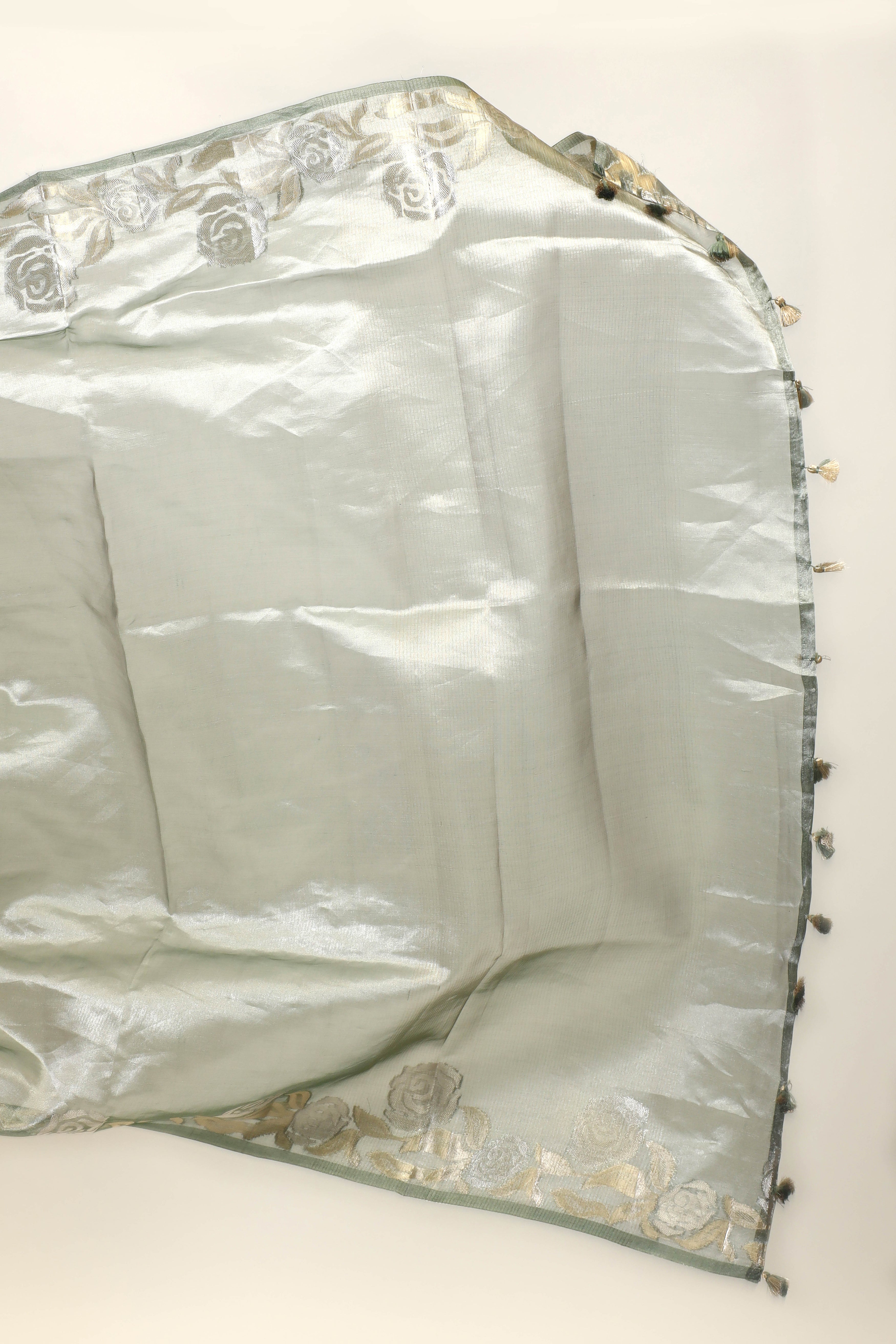 Sage Green Tissue Silk Saree With Elagant Floral Design Border