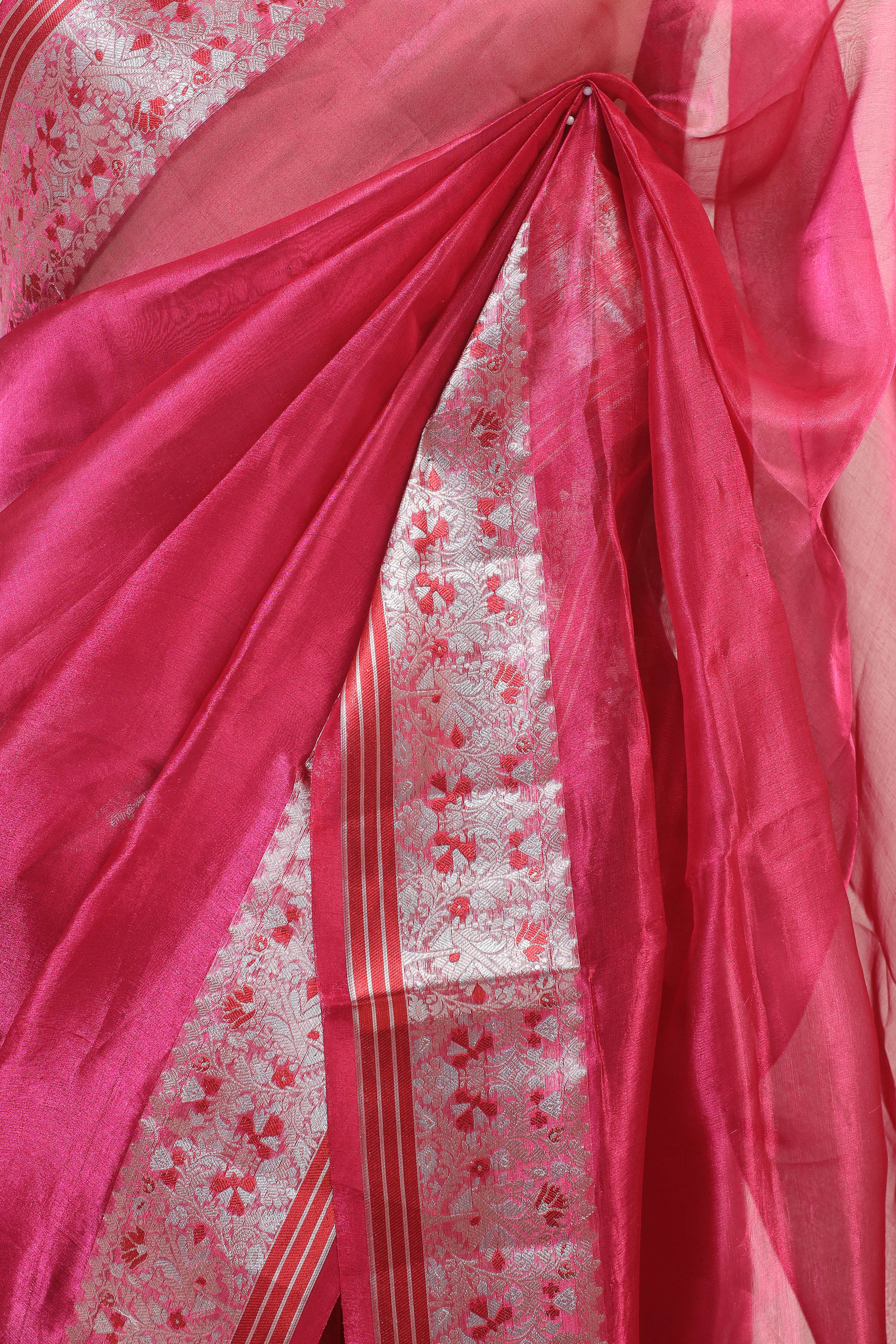 Pink Tissue Silk Saree With Meenakari Silver Zari Border
