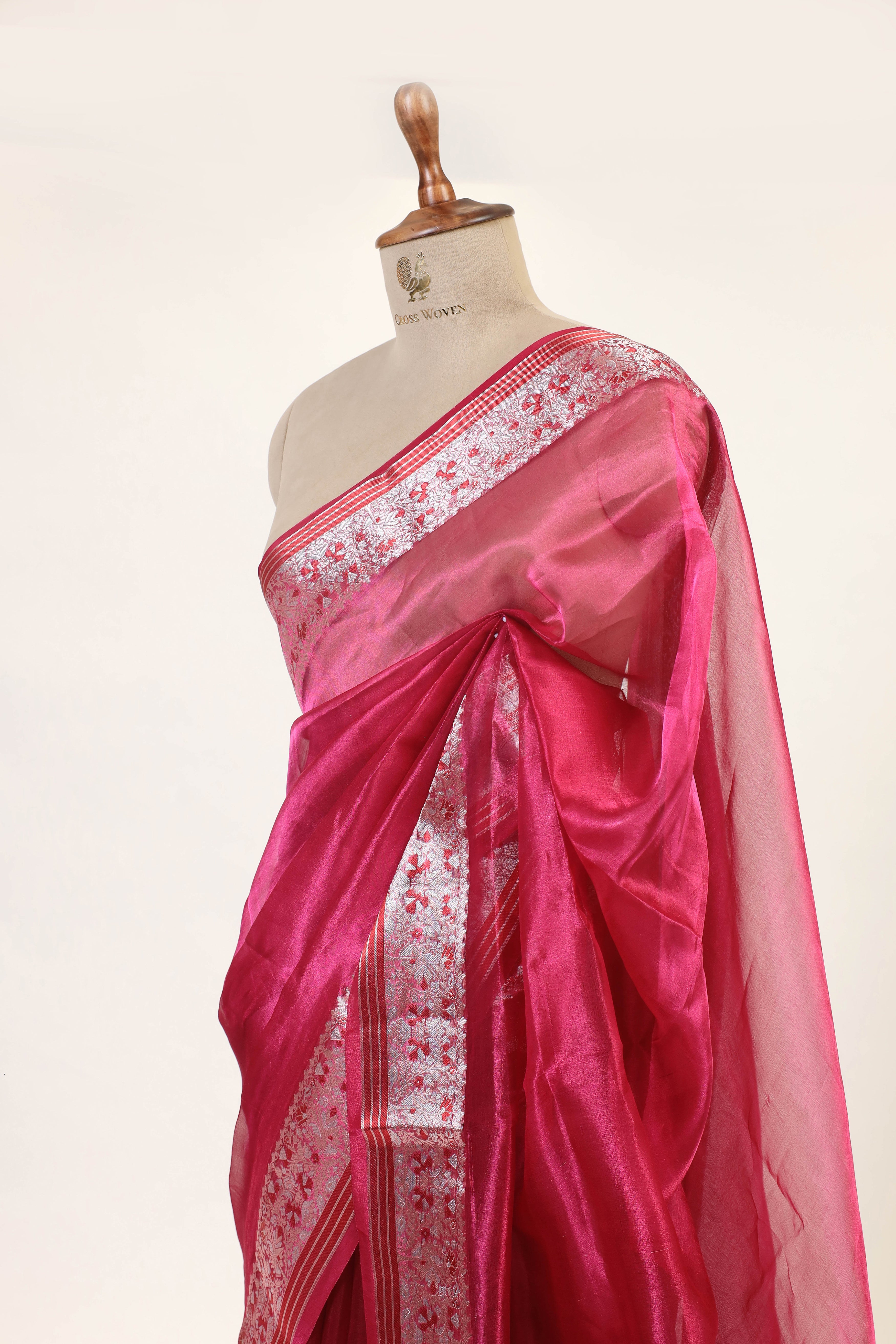 Pink Tissue Silk Saree With Meenakari Silver Zari Border