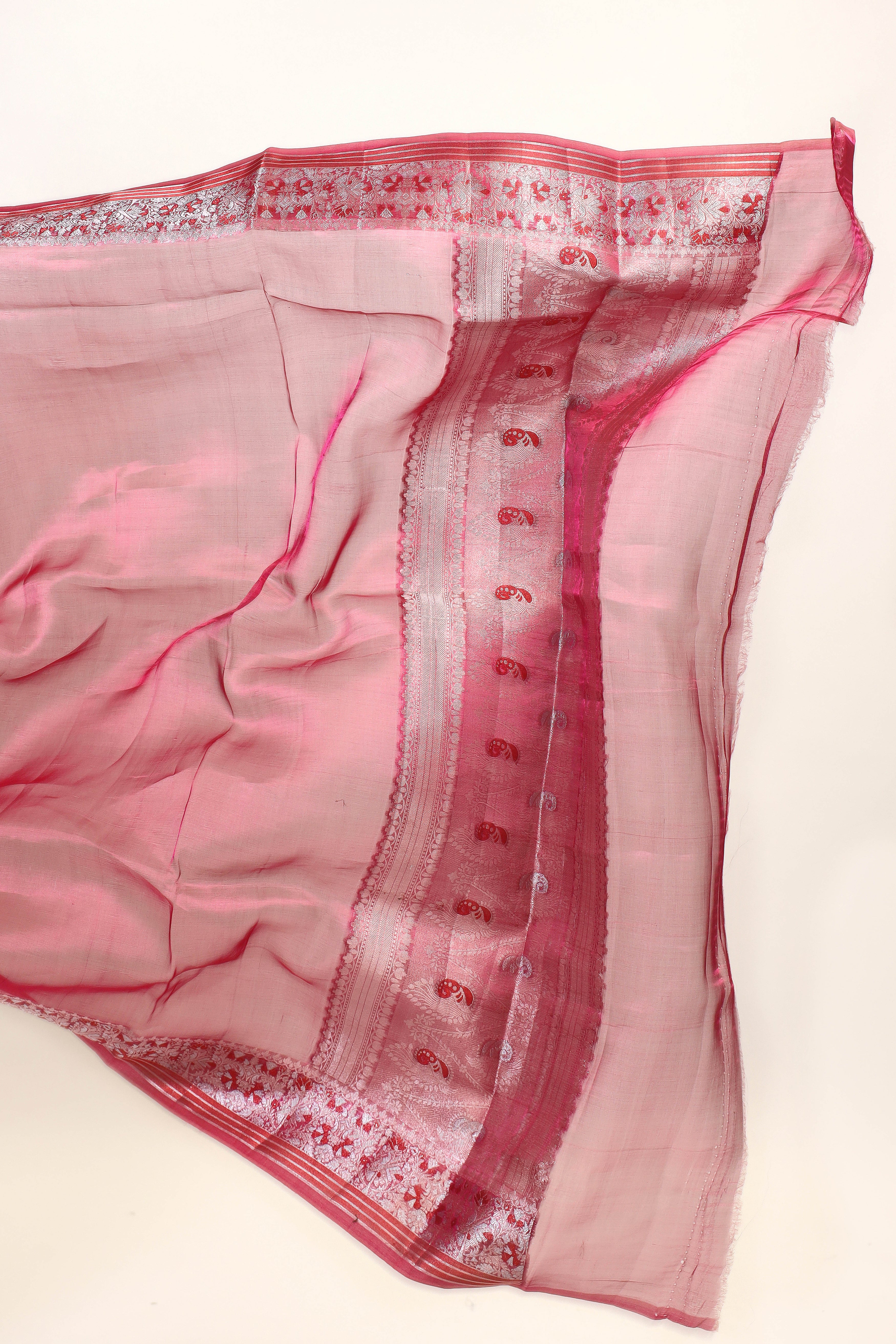 Pink Tissue Silk Saree With Meenakari Silver Zari Border