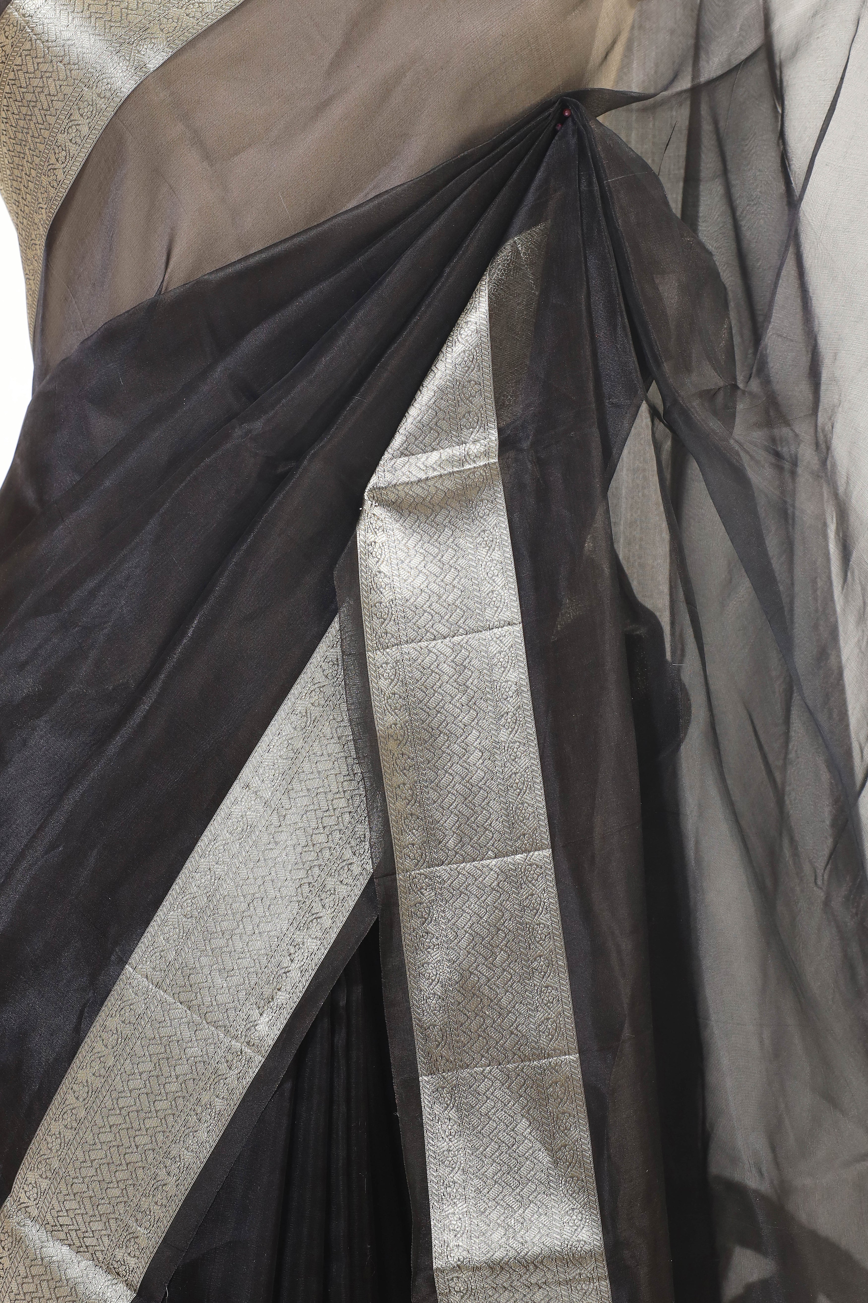 Black Tissue Silk Saree With Silver Zari Brocade Border