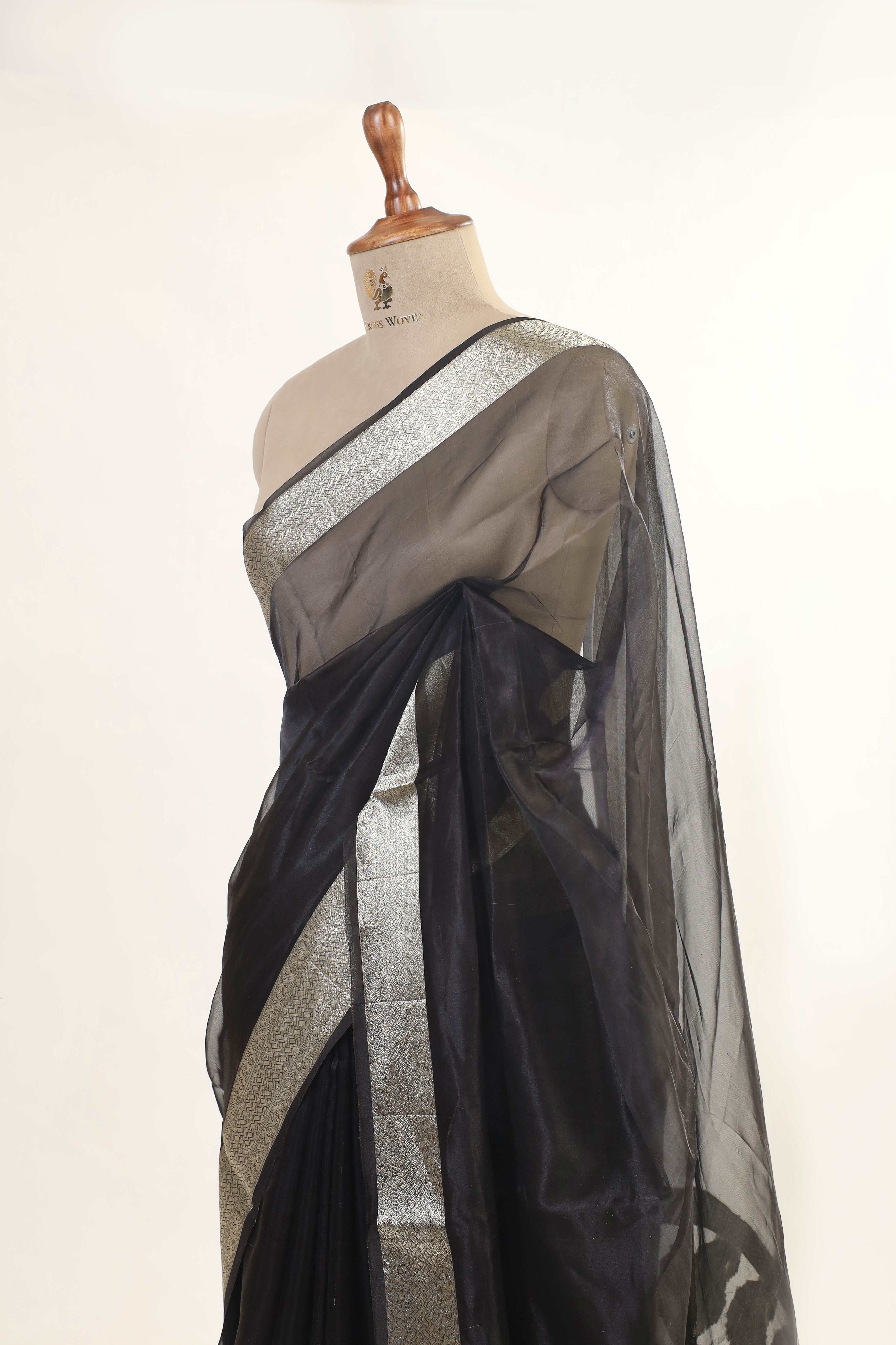 Black Tissue Silk Saree With Silver Zari Brocade Border