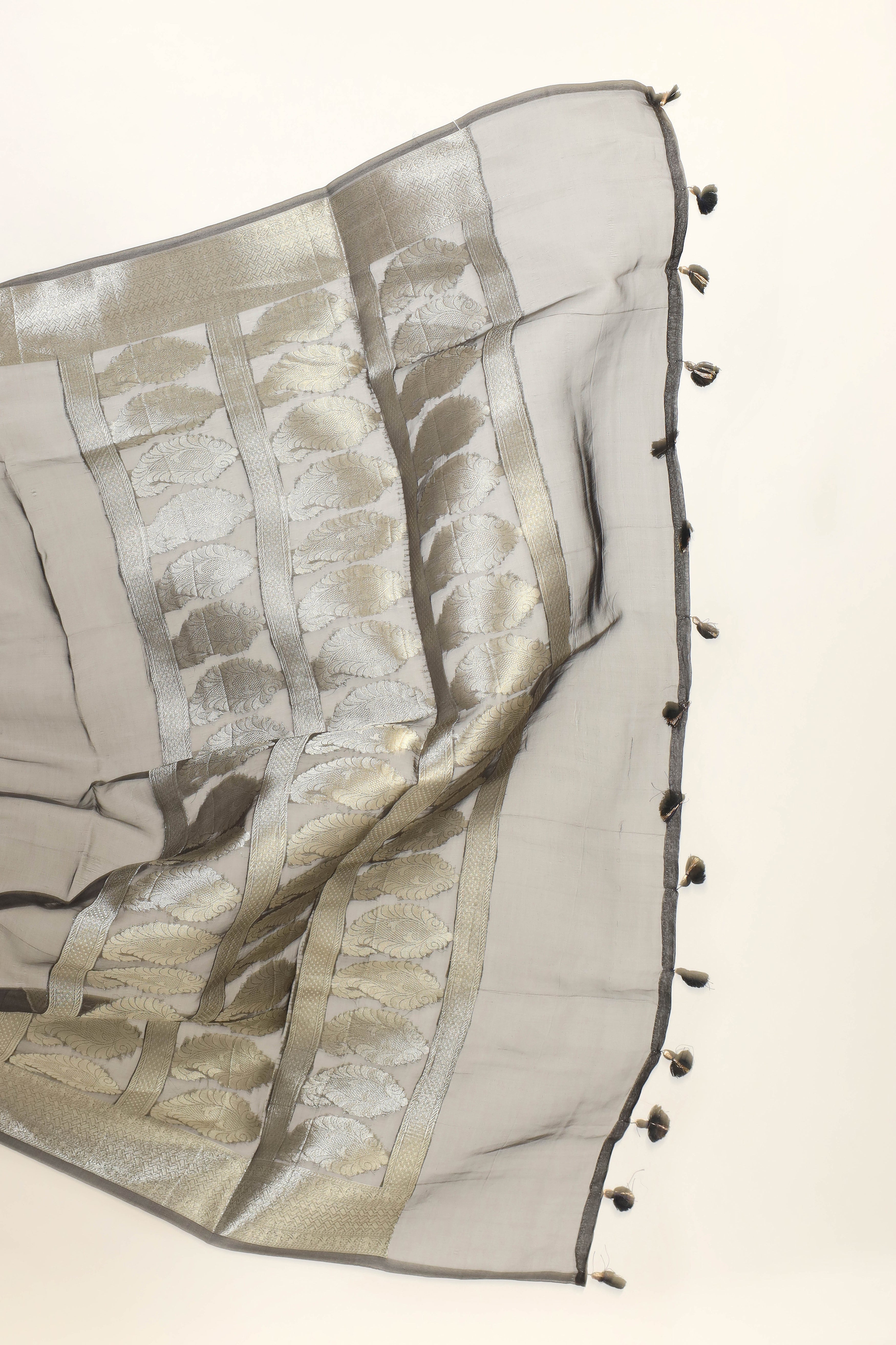 Black Tissue Silk Saree With Silver Zari Brocade Border