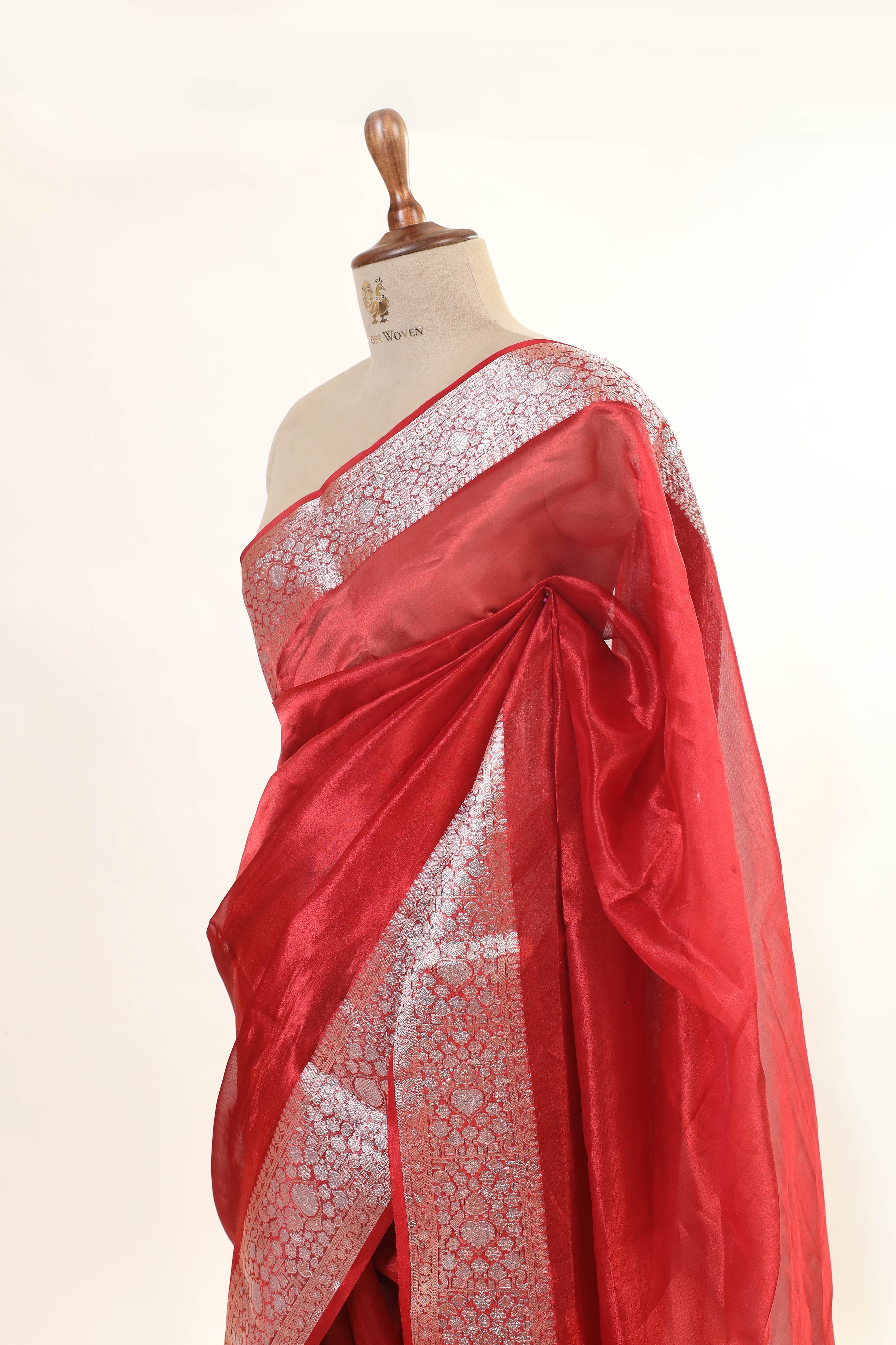 Red Tissue Silk Saree With Silver Zari Border