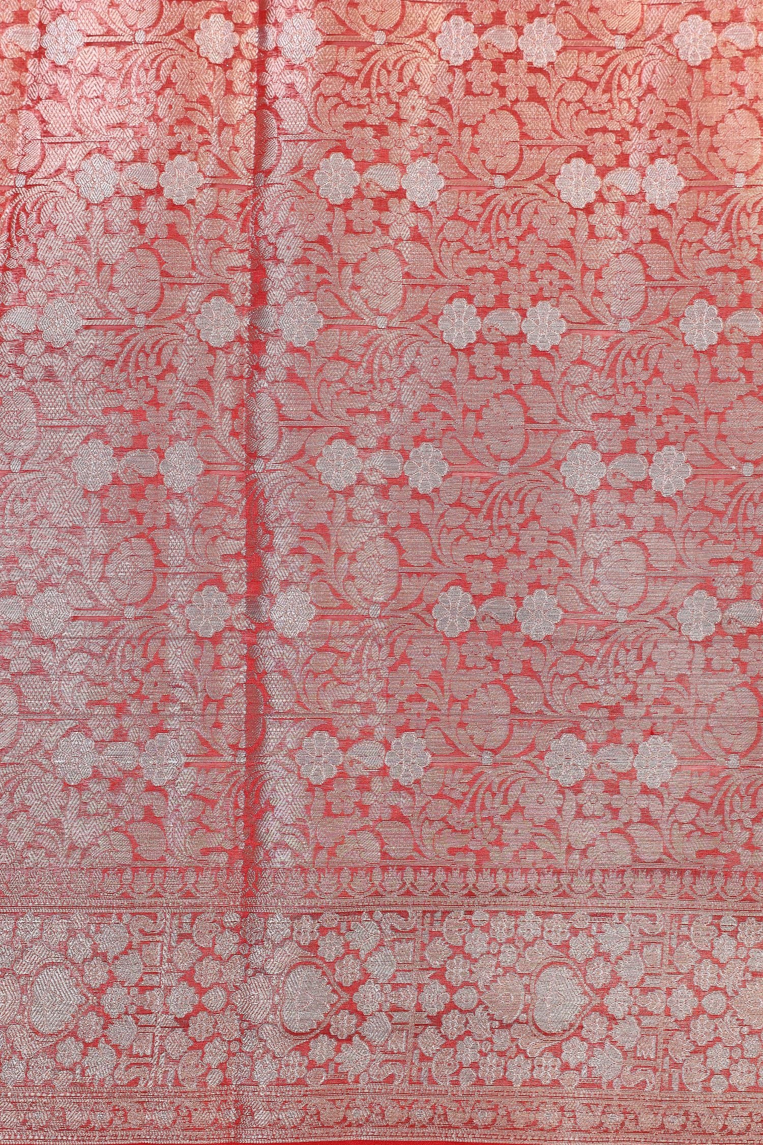 Red Tissue Silk Saree With Silver Zari Border