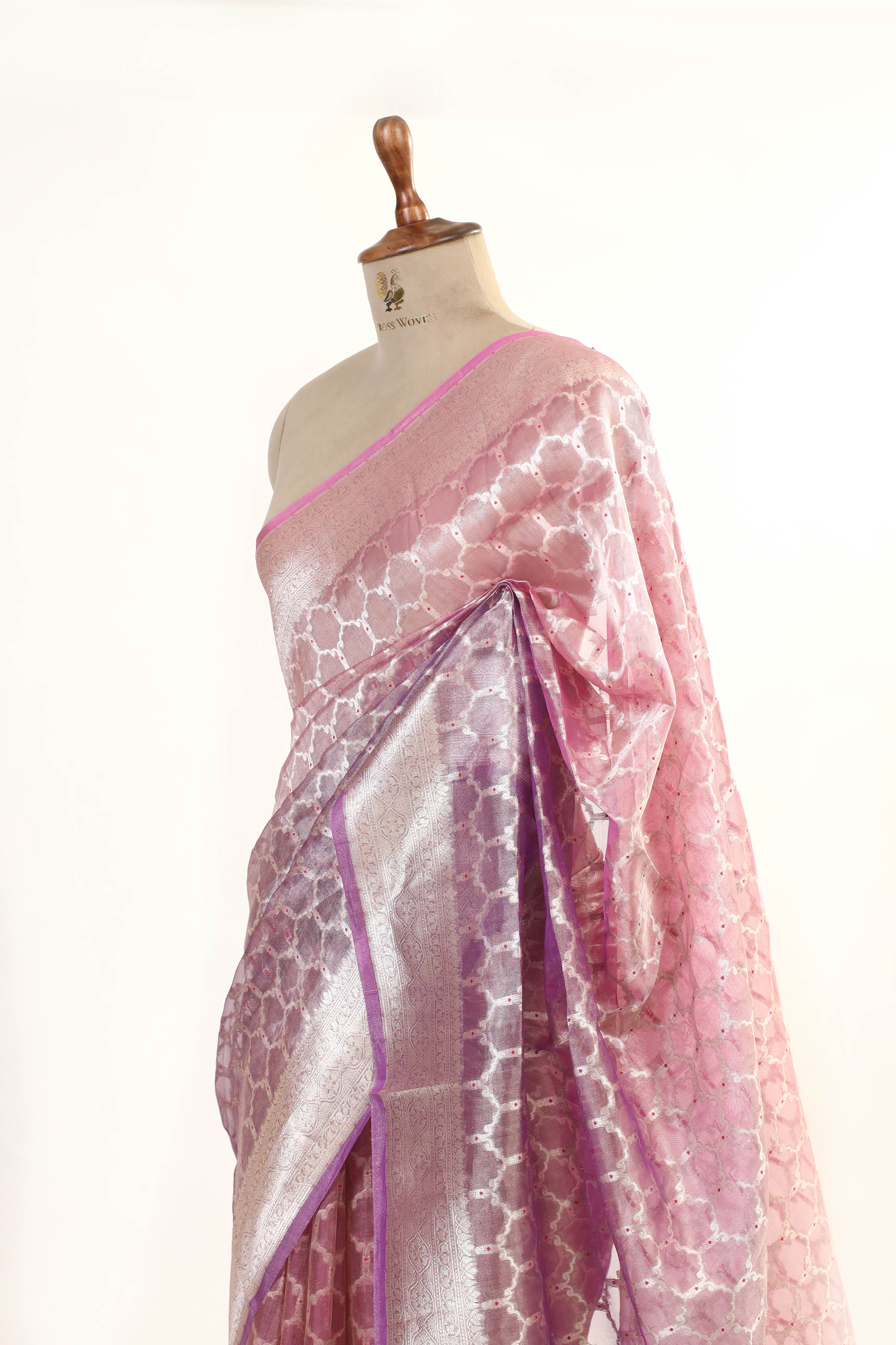 Baby Pink Tissue Silk Saree With Geometrical Meenakari Woven