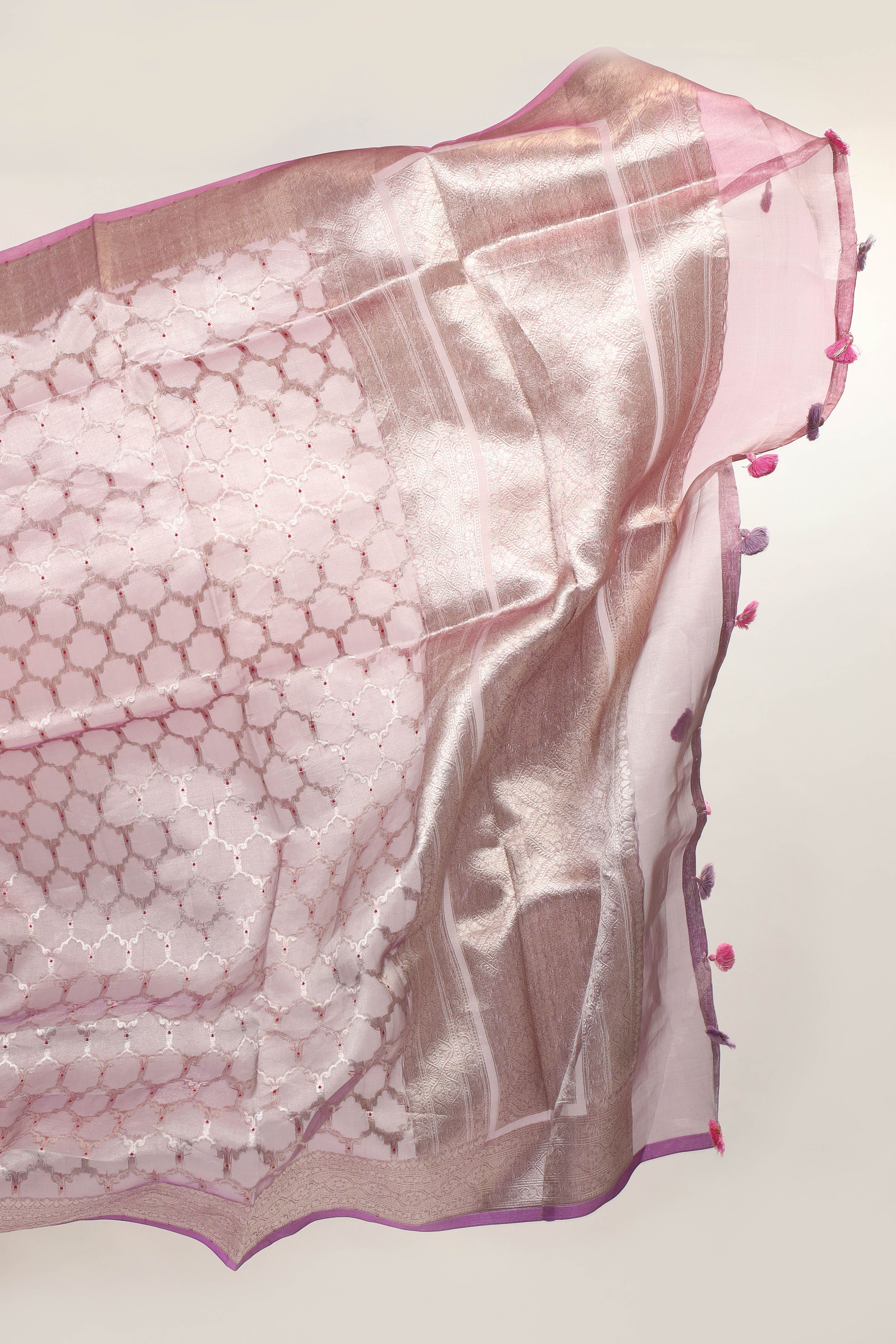 Baby Pink Tissue Silk Saree With Geometrical Meenakari Woven