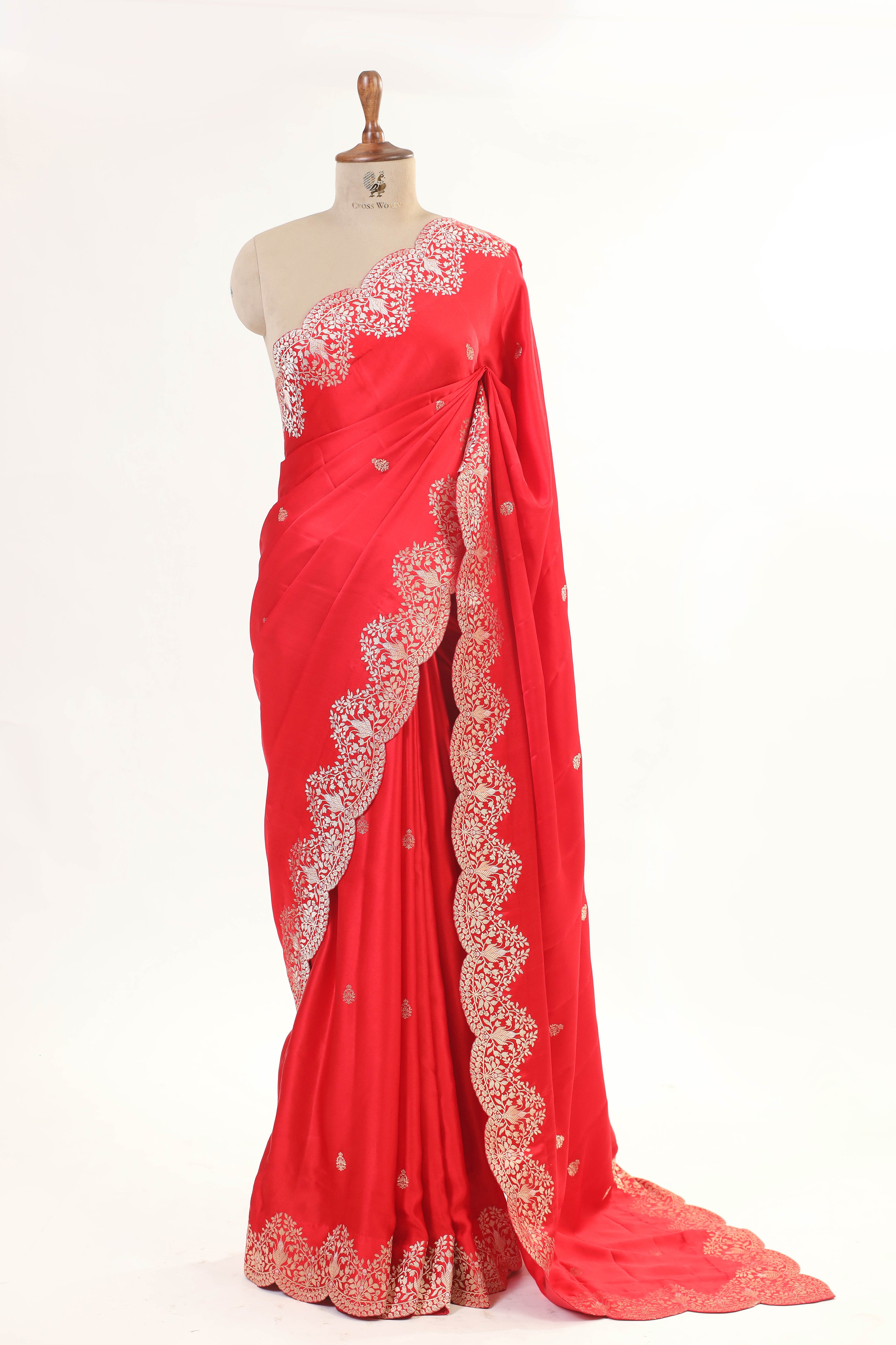 Red Banarasi Mashru Silk Saree With Floral Scalloped Border