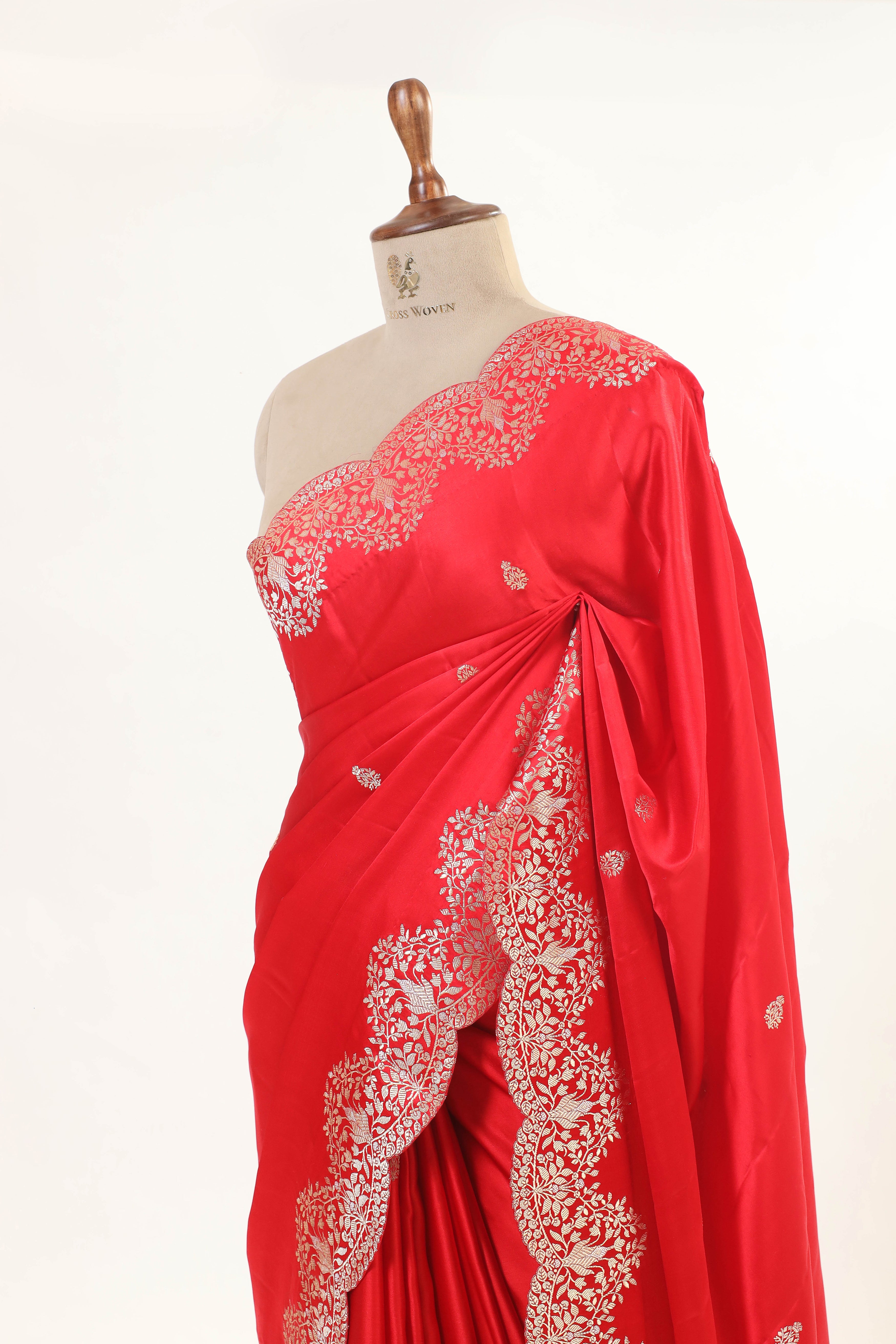 Red Banarasi Mashru Silk Saree With Floral Scalloped Border