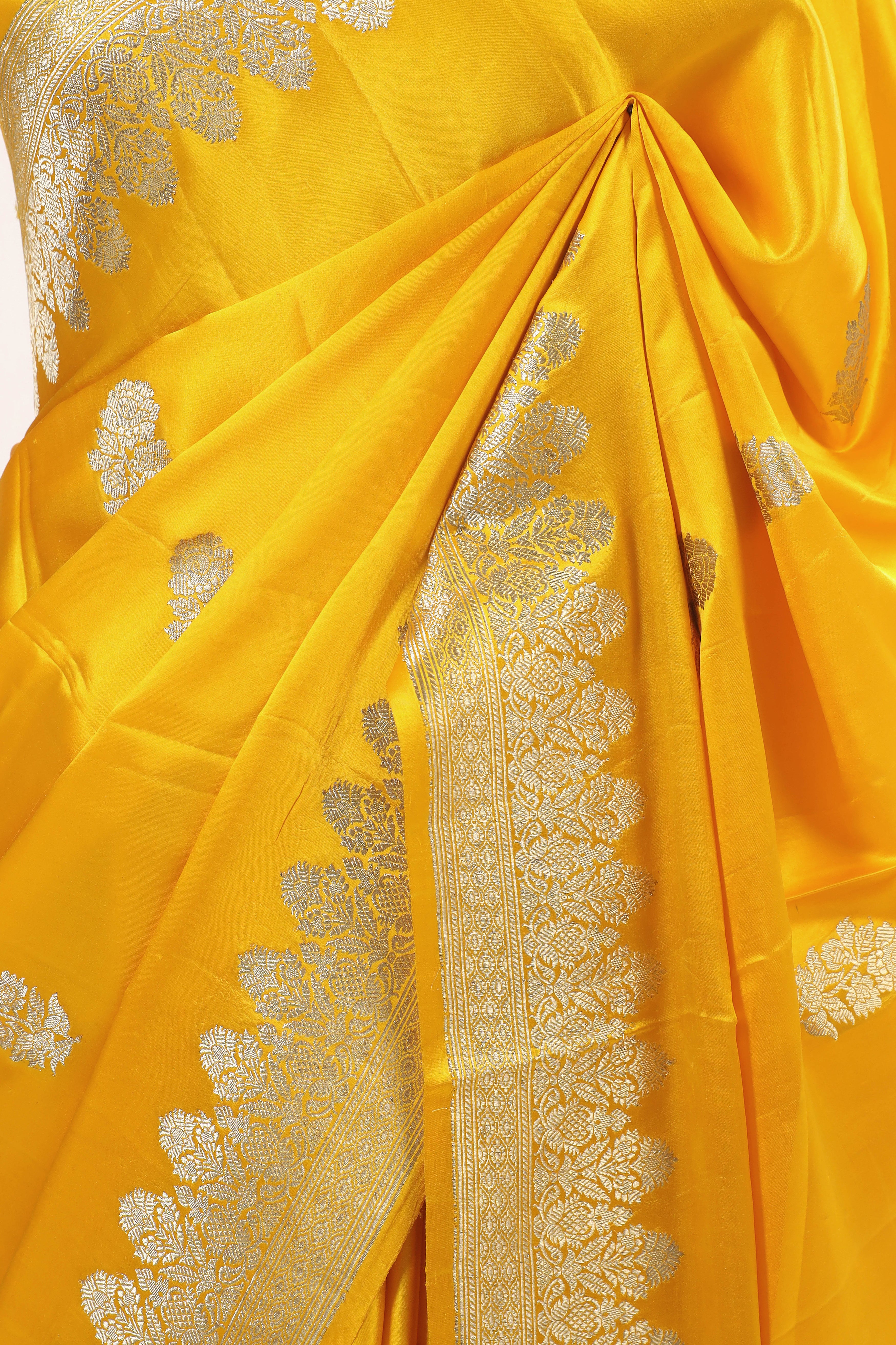 Yellow Mashru Silk Saree With Floral Motif