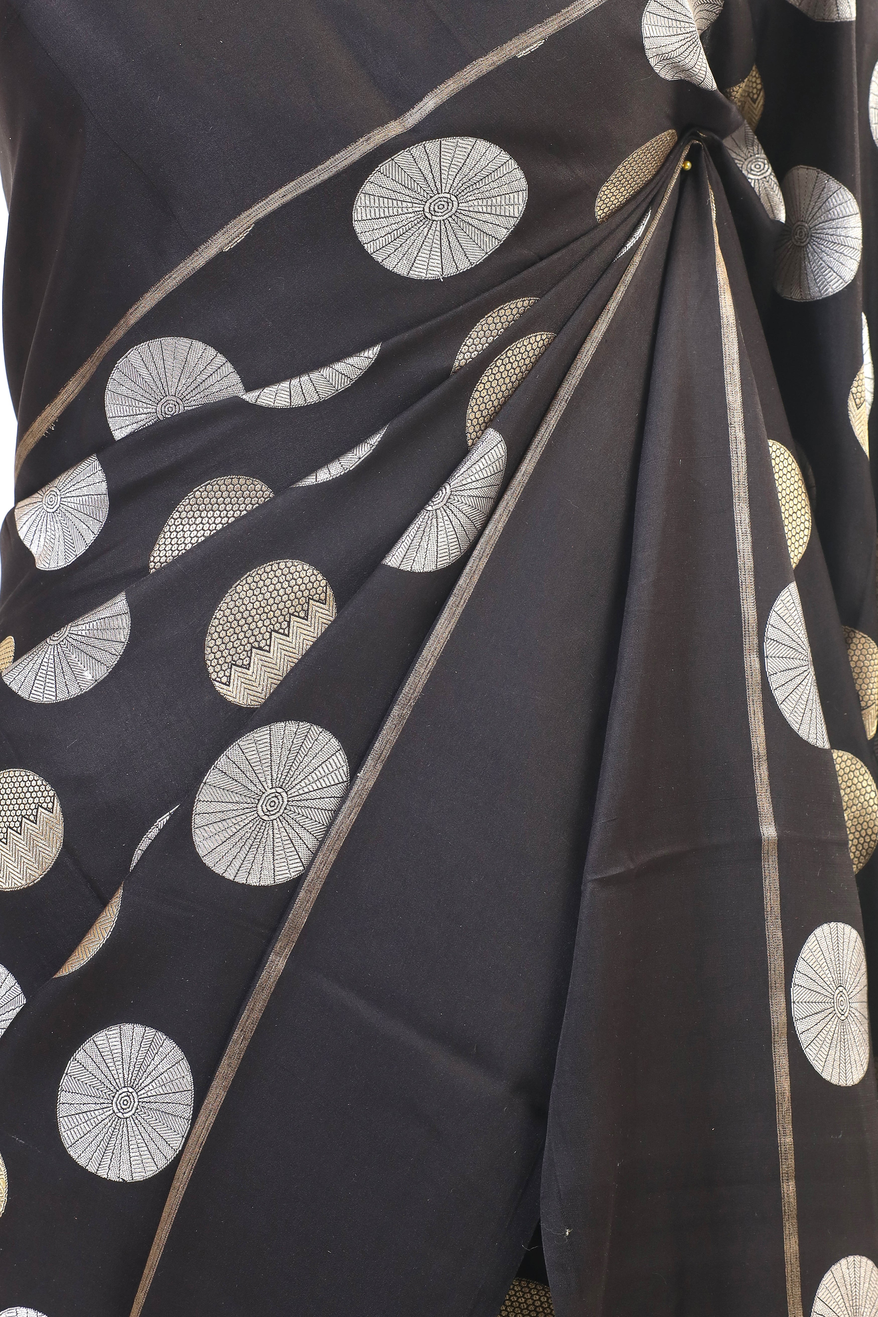 Black Mashru Silk Saree With Sona Rupa Circular Motifs