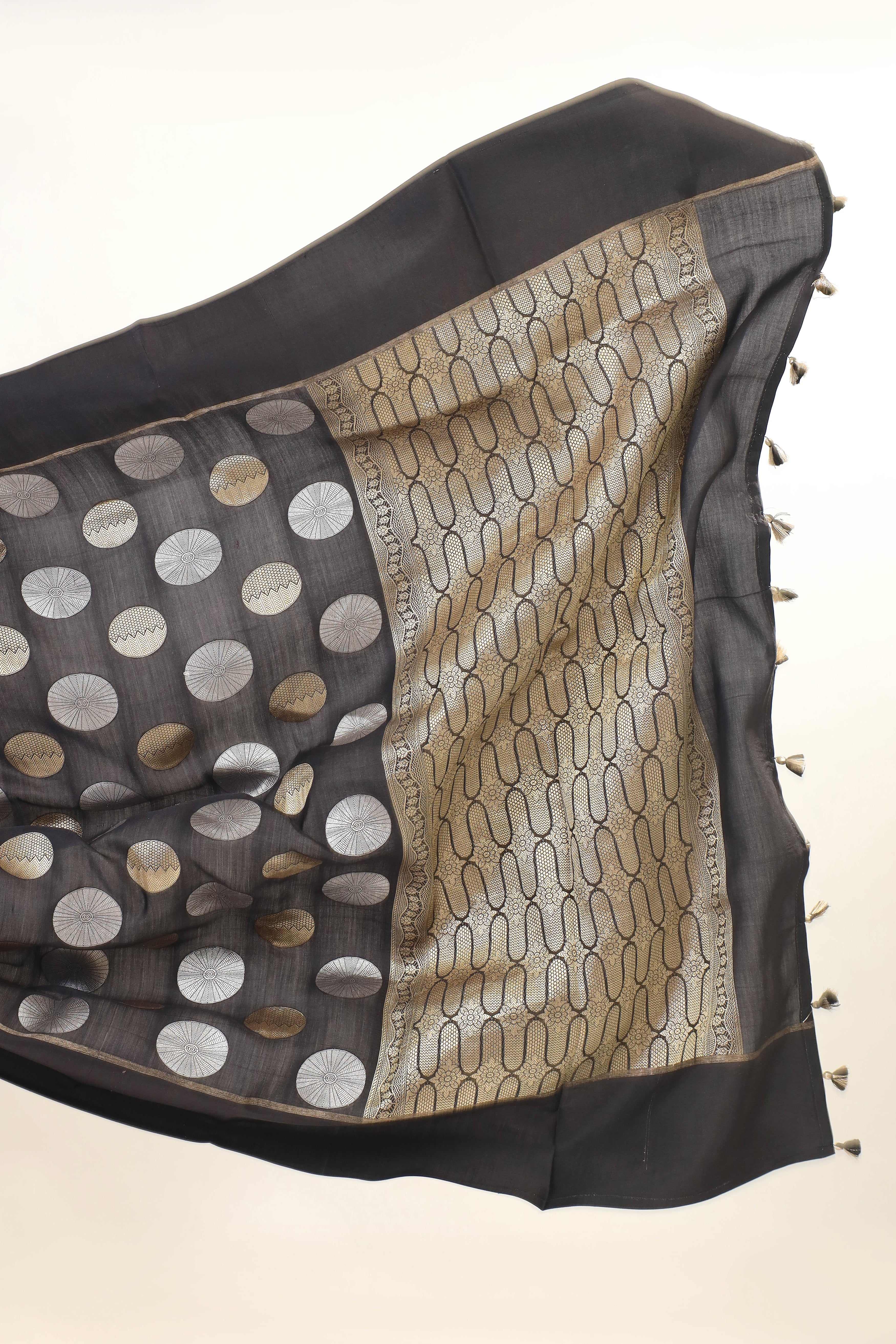 Black Mashru Silk Saree With Sona Rupa Circular Motifs