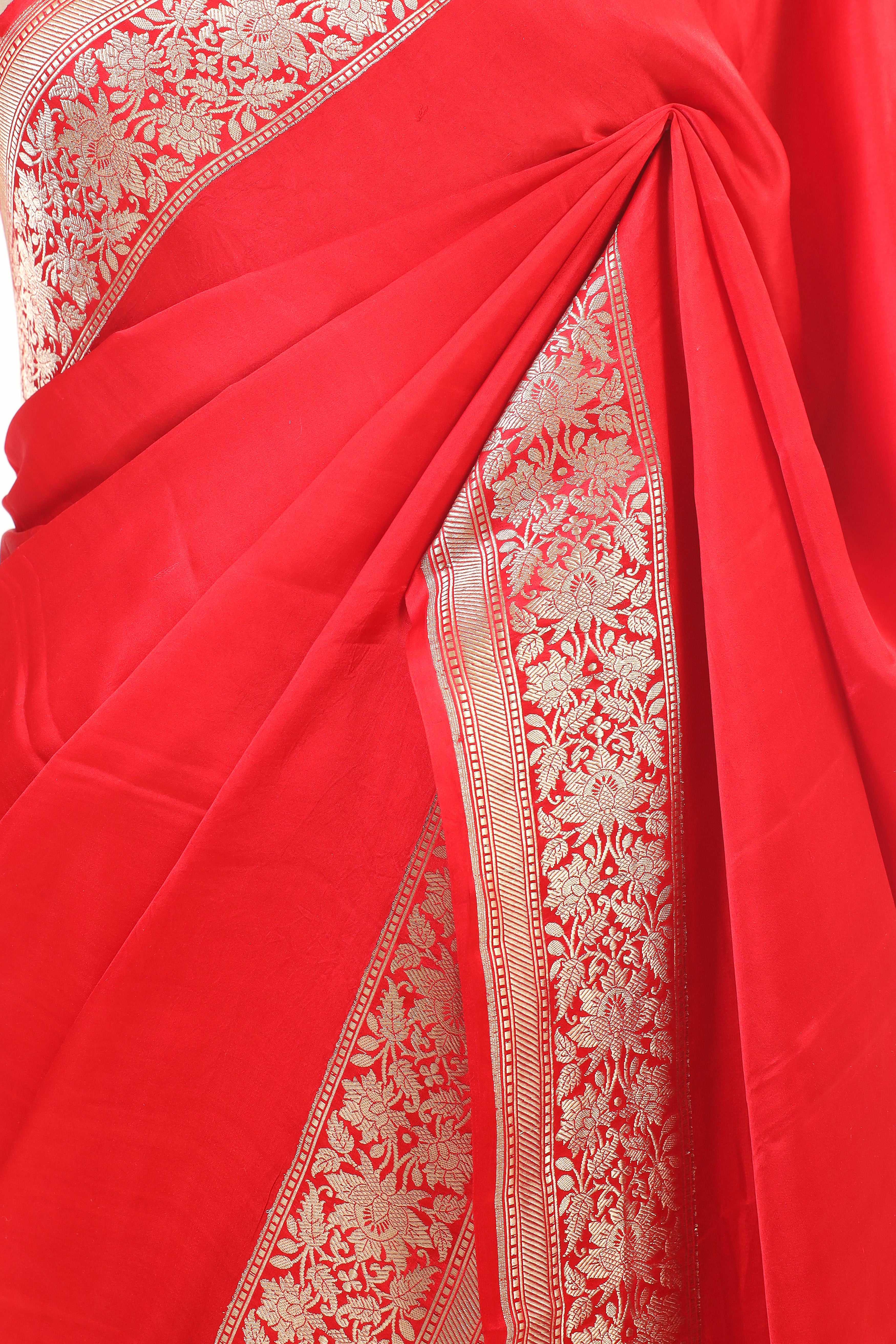 Red Mashru Silk Saree With richly woven zari border
