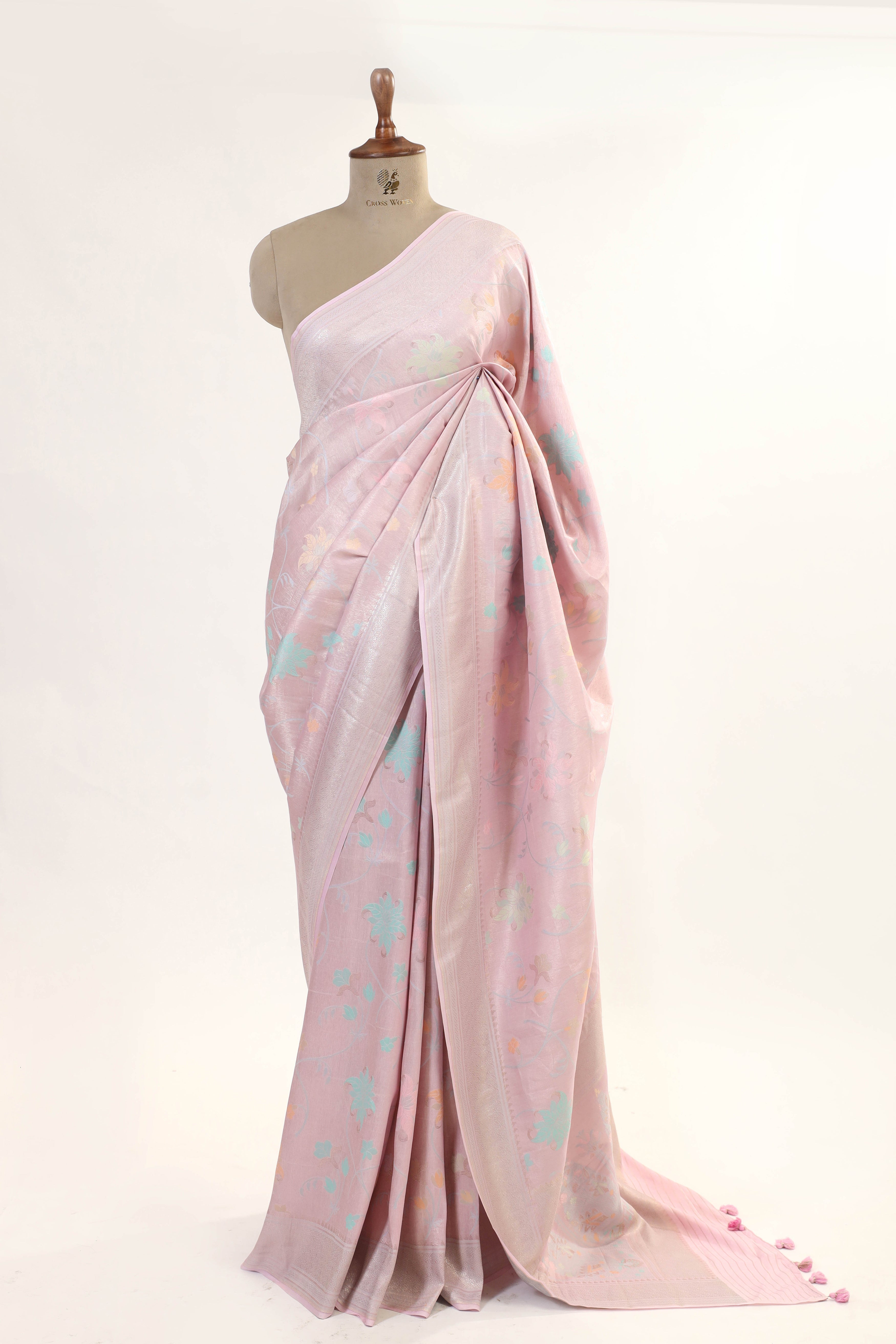 Pastel Pink Chiniya Silk Saree With Meena Woven Floral Jaal