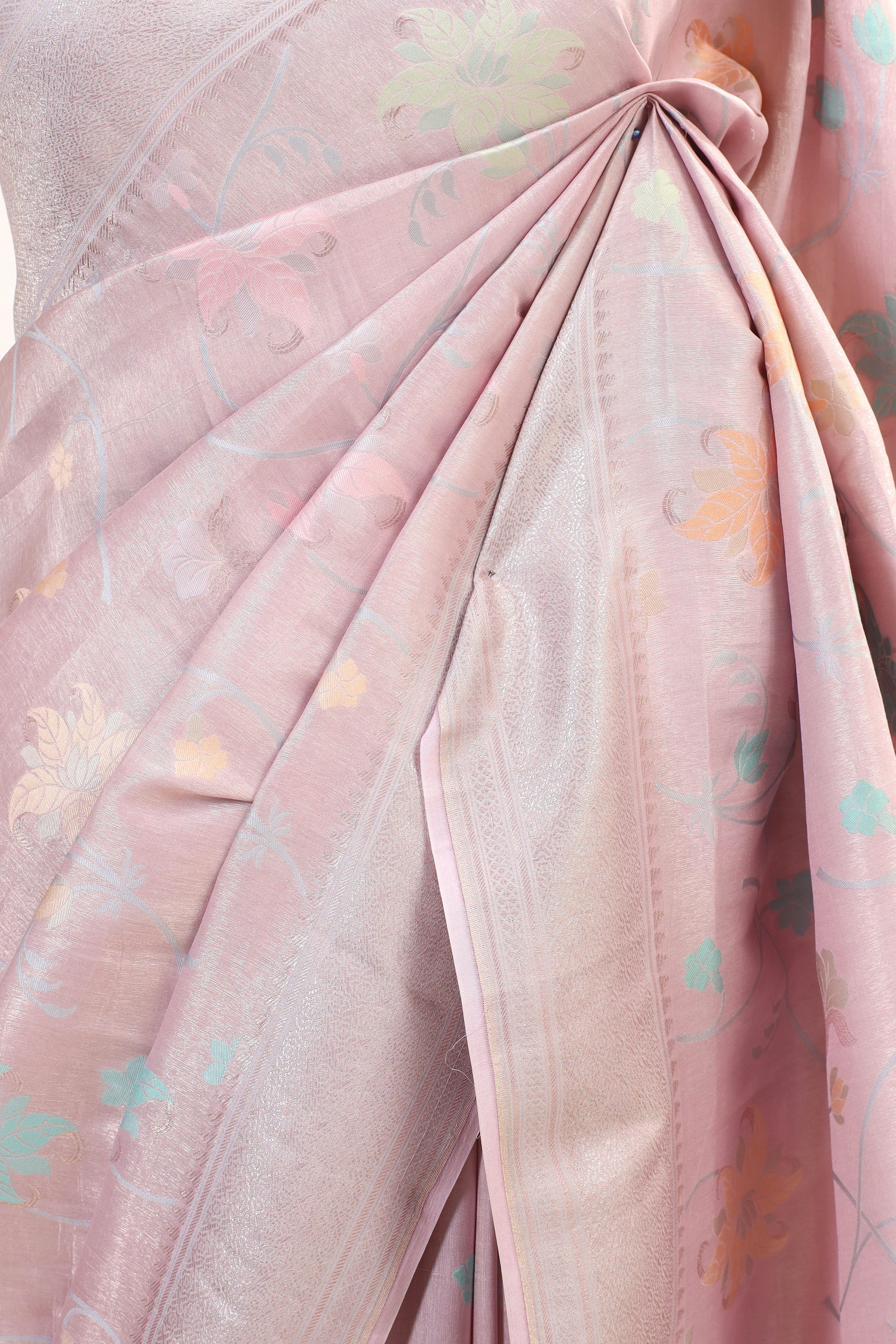 Pastel Pink Chiniya Silk Saree With Meena Woven Floral Jaal