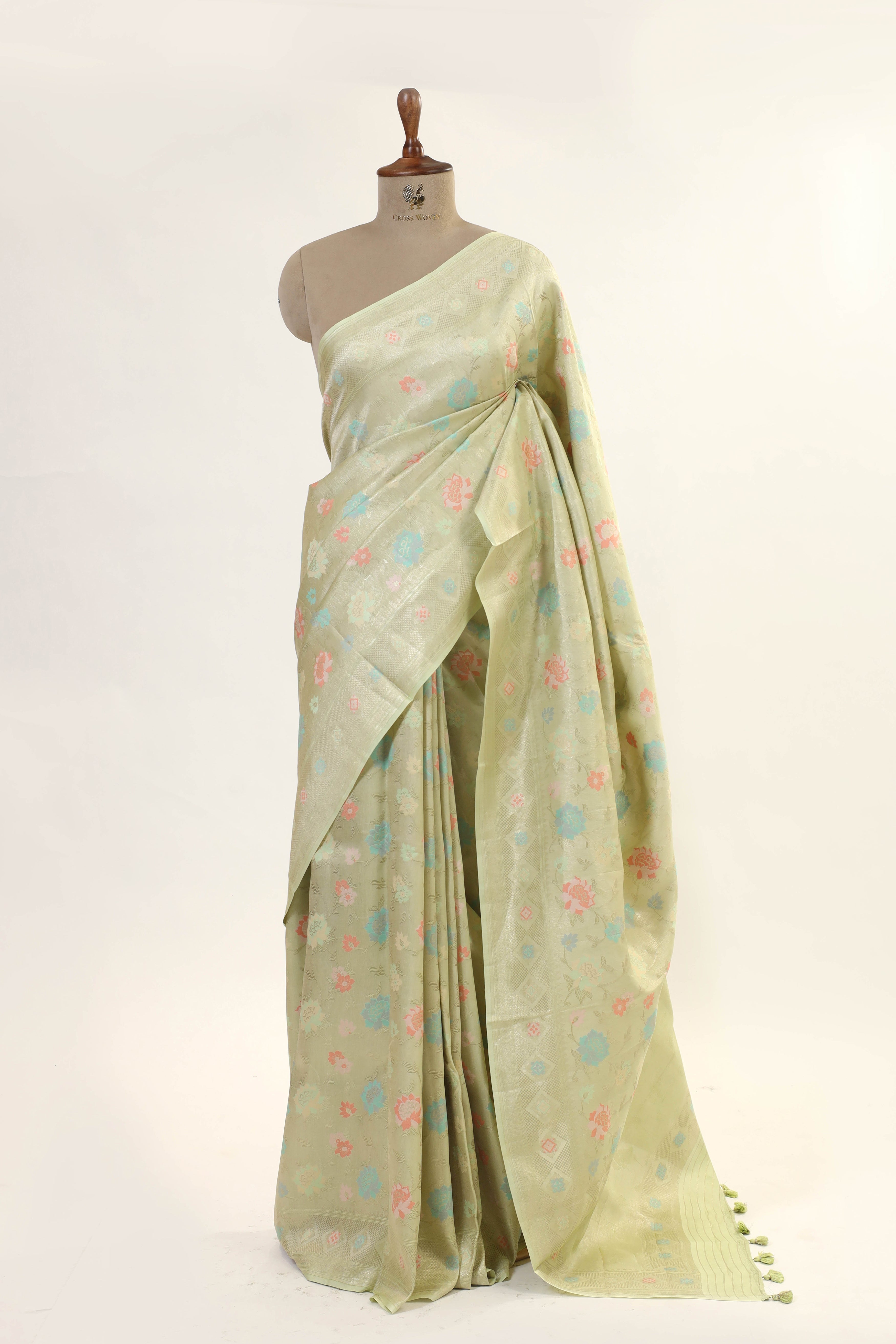Pastel Green Chiniya Tissue Silk Saree With Meena Woven Floral Jaal