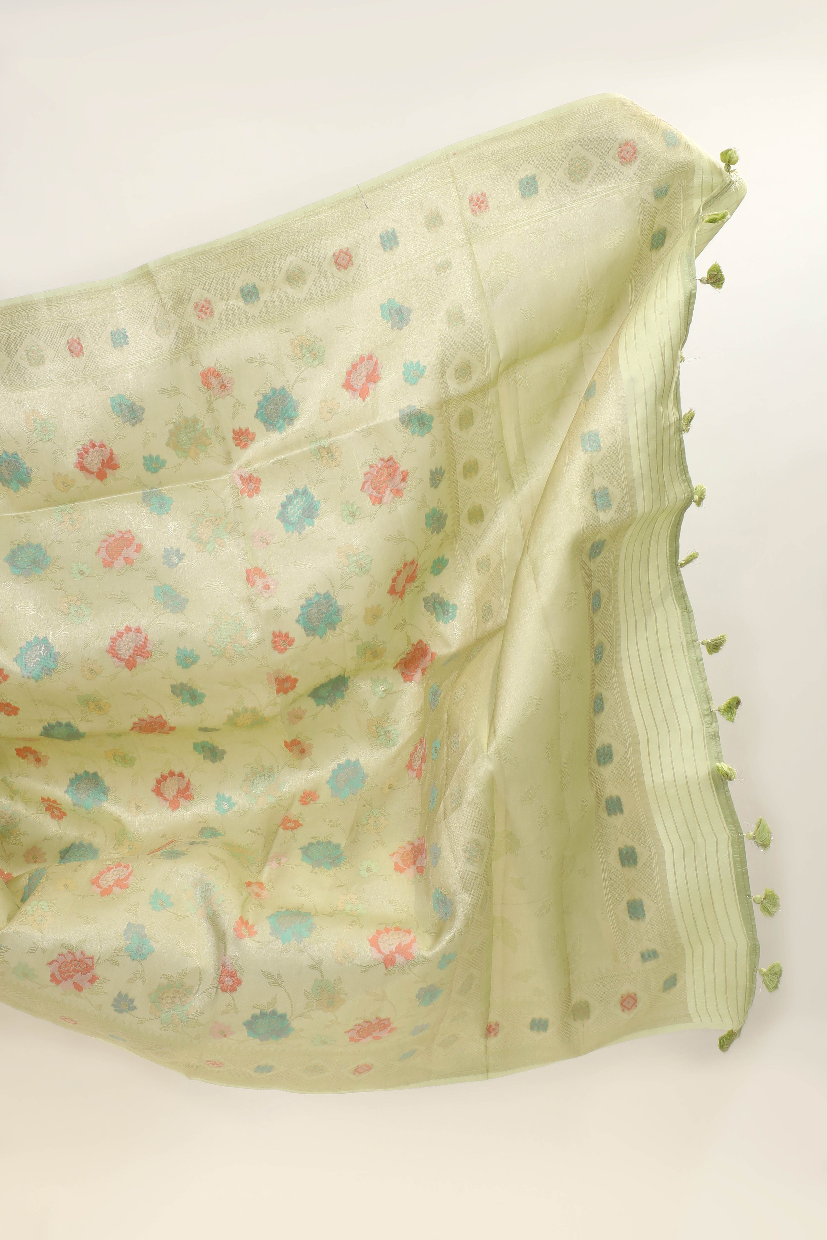 Pastel Green Chiniya Tissue Silk Saree With Meena Woven Floral Jaal