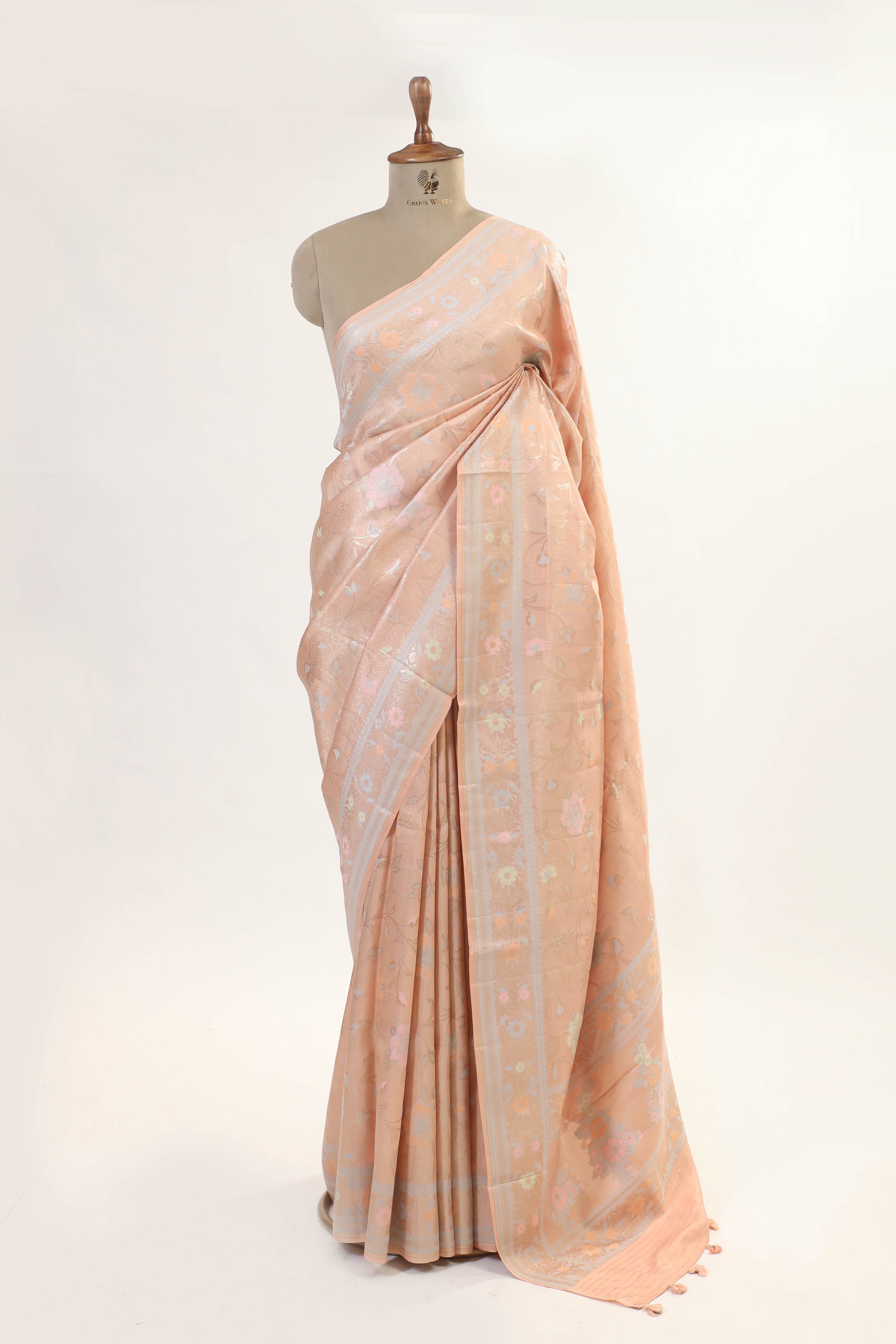 Peach Pink Chiniya Tissue Silk Saree With Meena Woven Floral Jaal