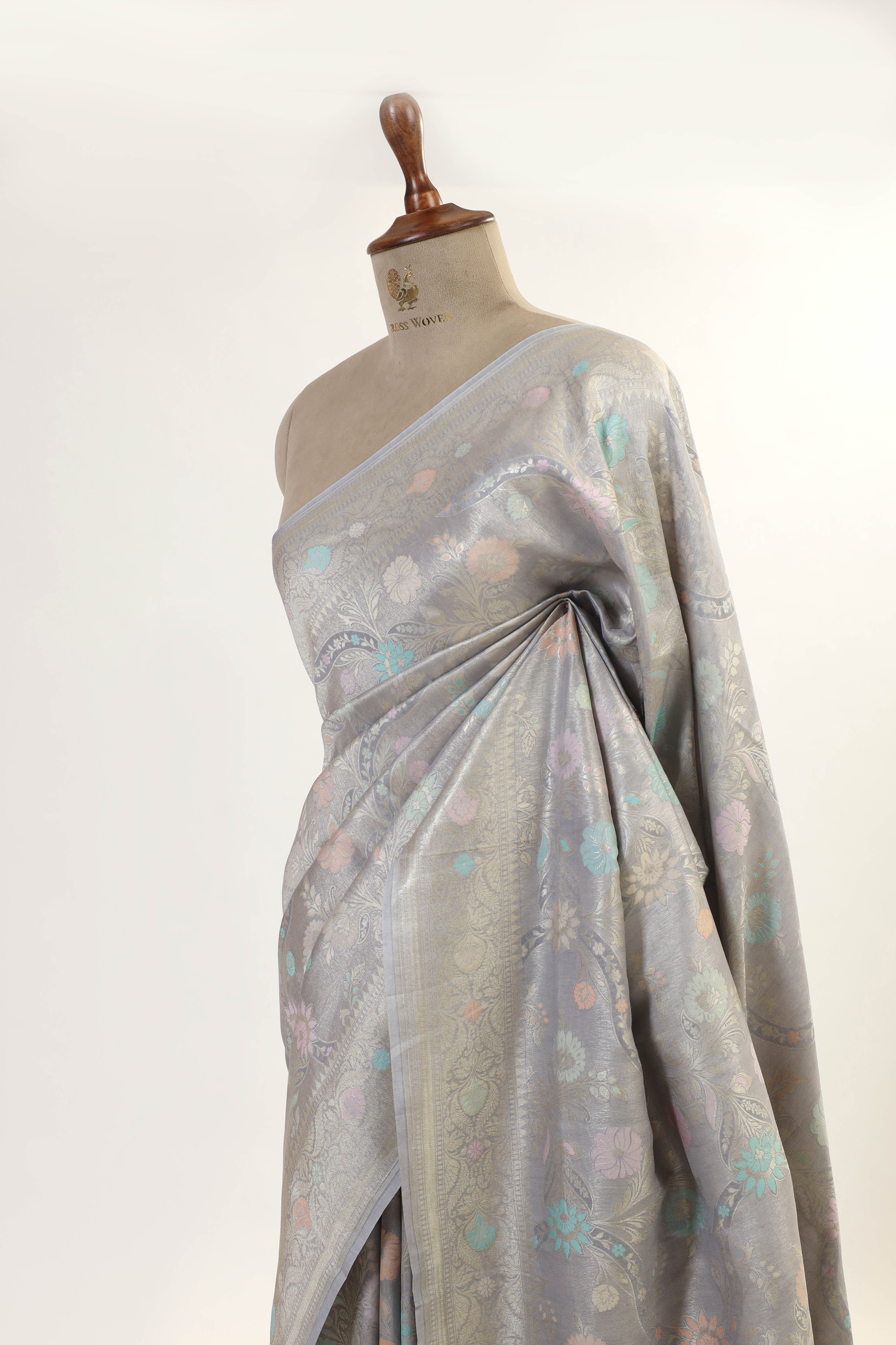 Cloud Gray Chiniya Tissue Silk Saree With Meena Woven Floral Jaal