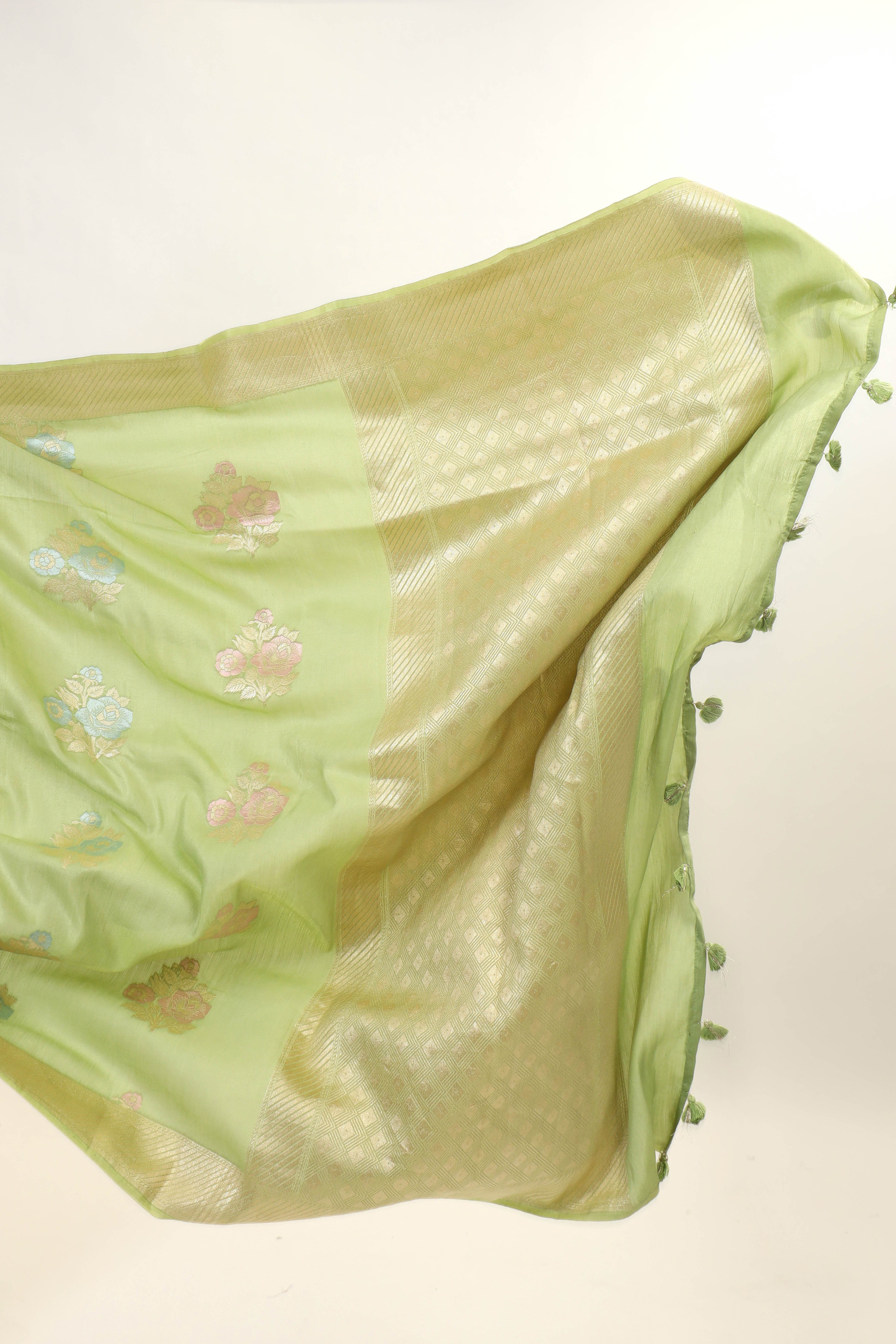 Pista Green Moonga Silk Saree With Meenakari Floral Motifs