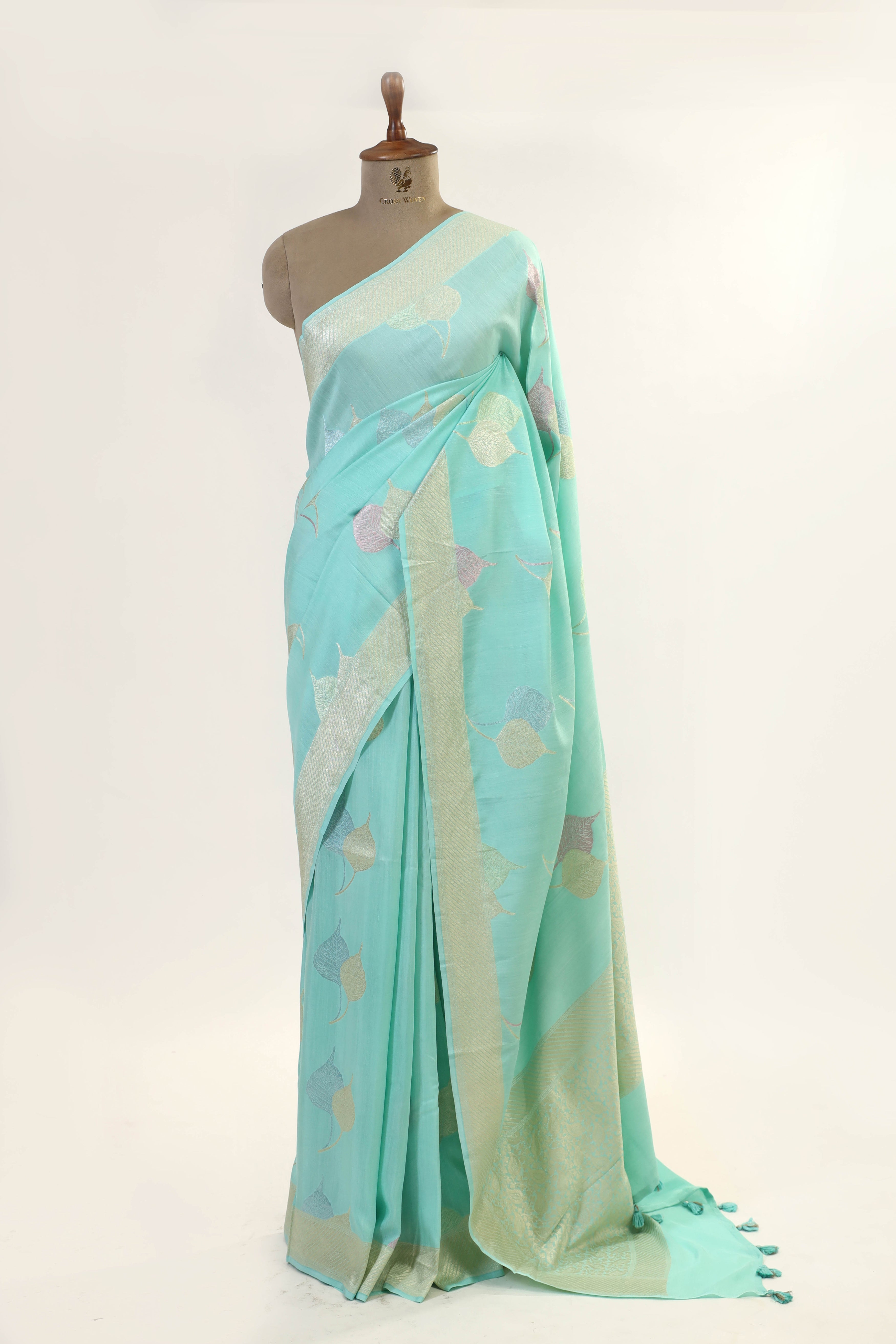 Sky Blue Moonga Silk Saree With Meenakari Floral Motifs