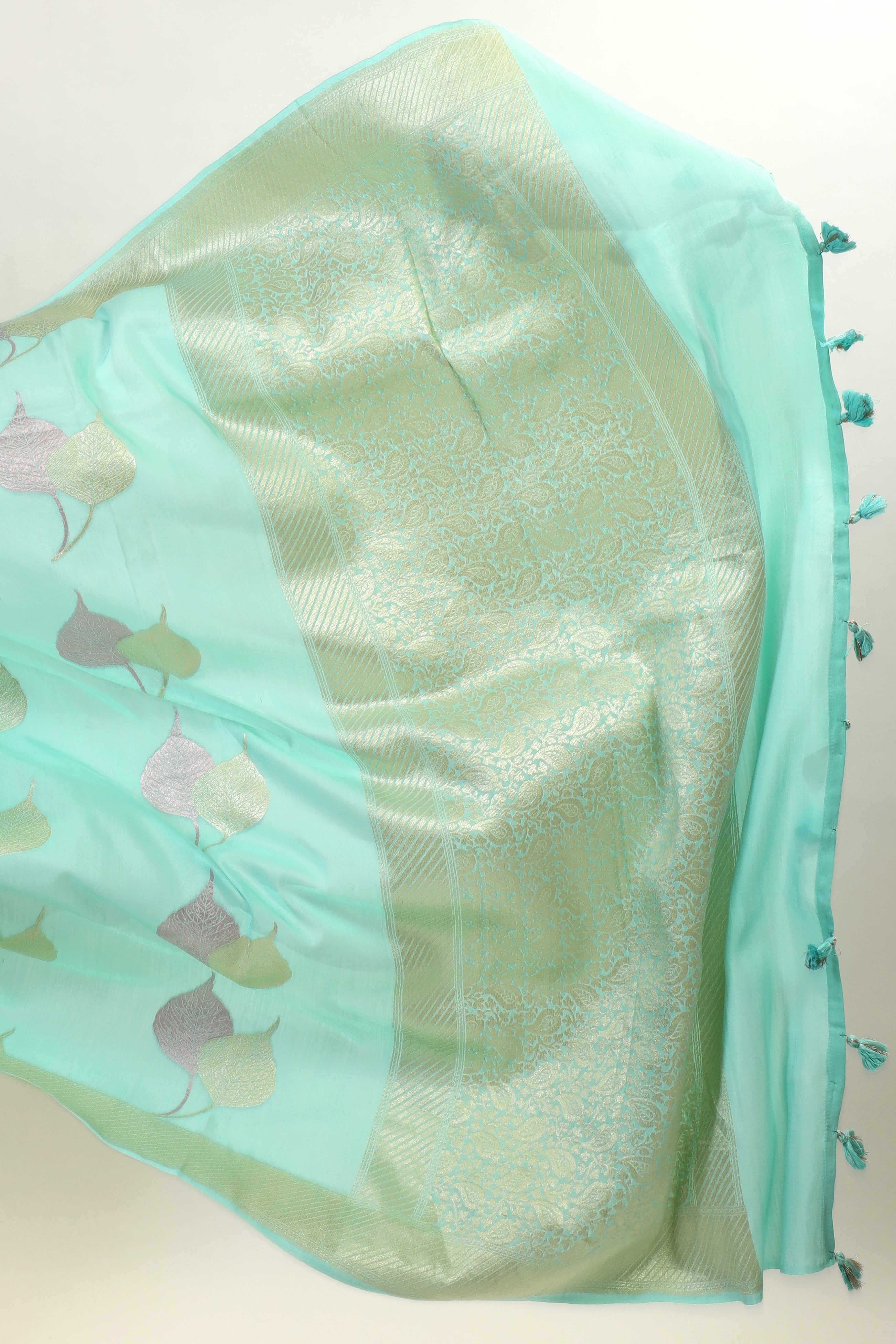 Sky Blue Moonga Silk Saree With Meenakari Floral Motifs