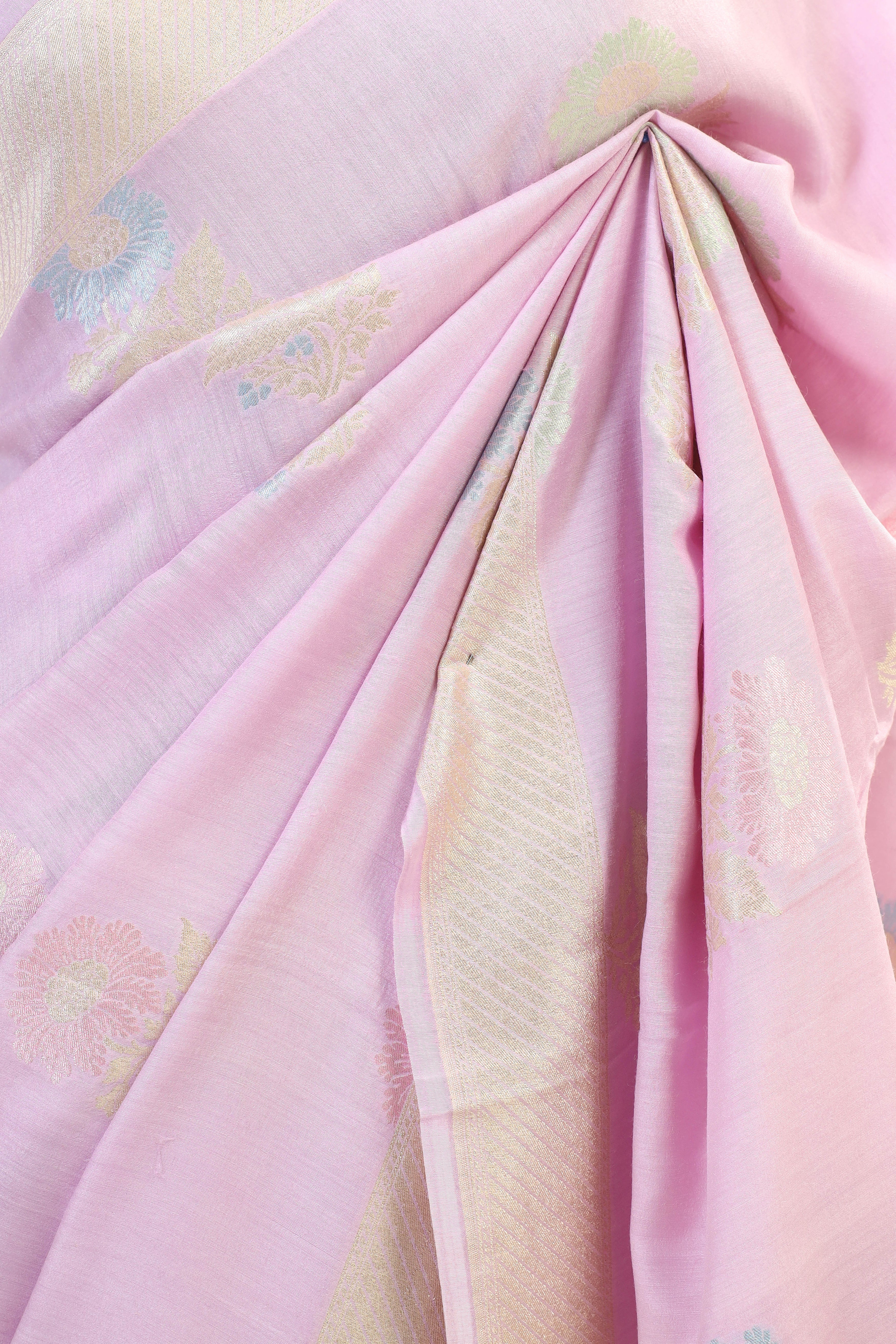 Light Pink Moonga Silk Saree With Meenakari Floral Motifs