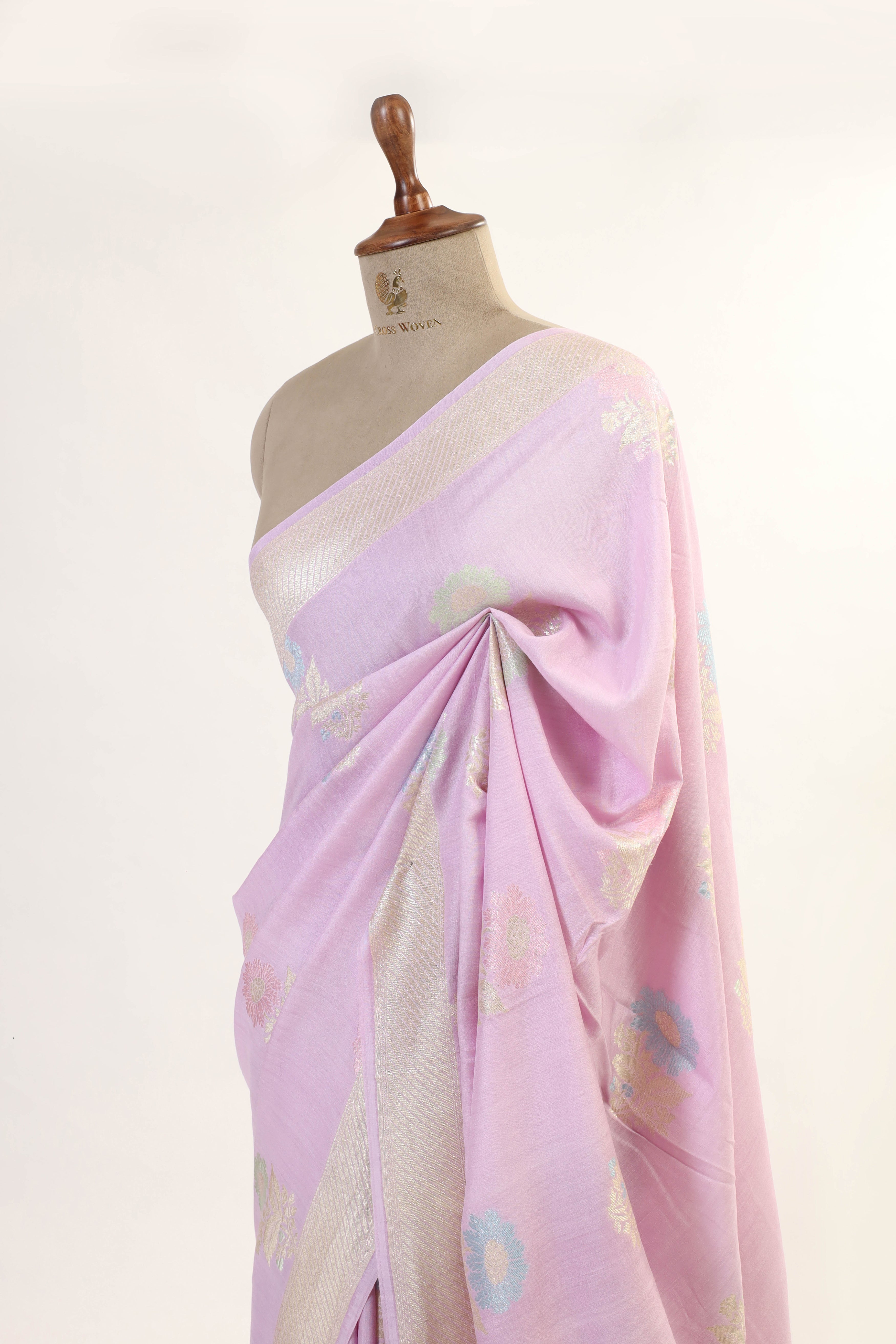 Light Pink Moonga Silk Saree With Meenakari Floral Motifs