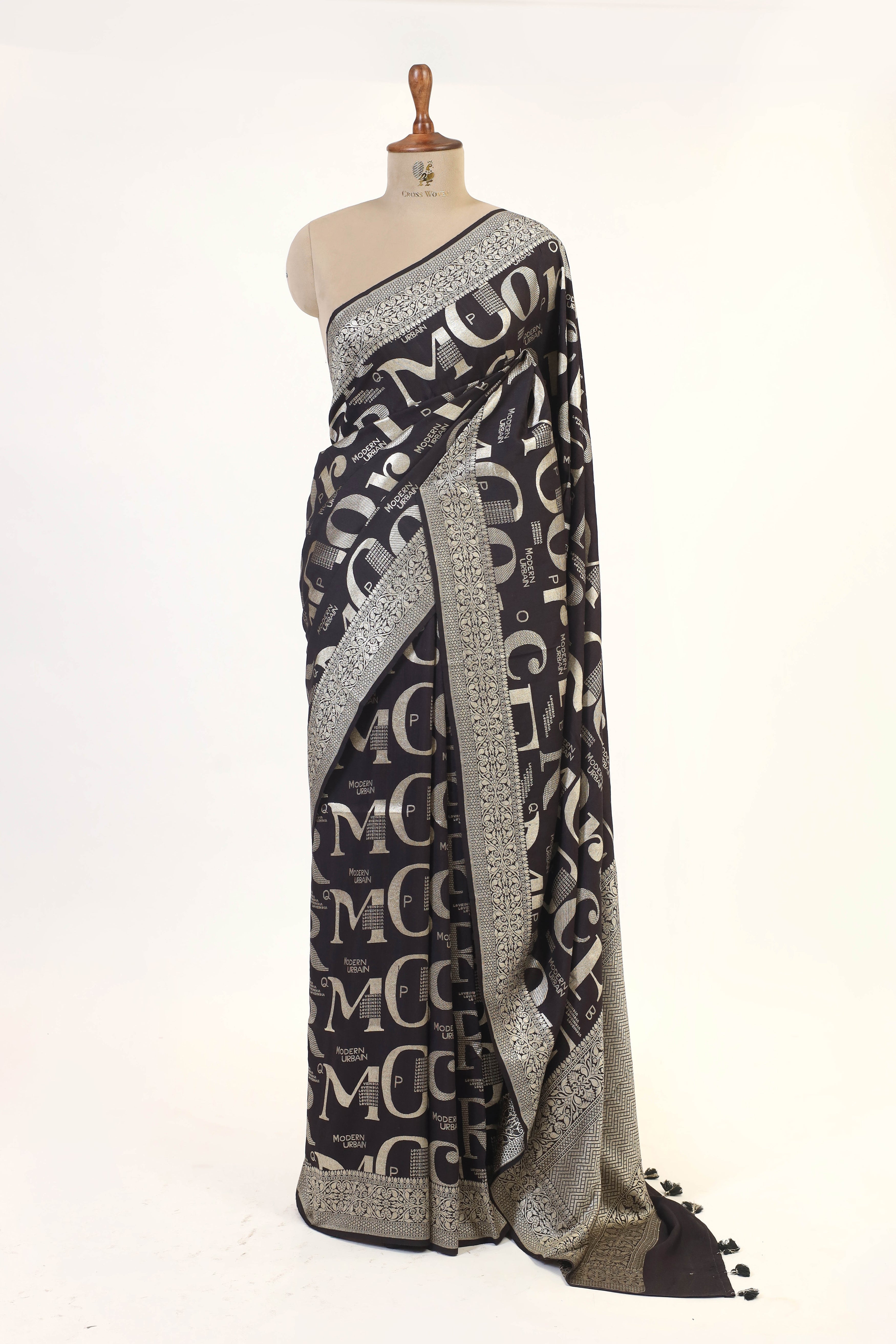 Elegant Moonga Silk Saree with Contemporary Typography Design and Intricate Border