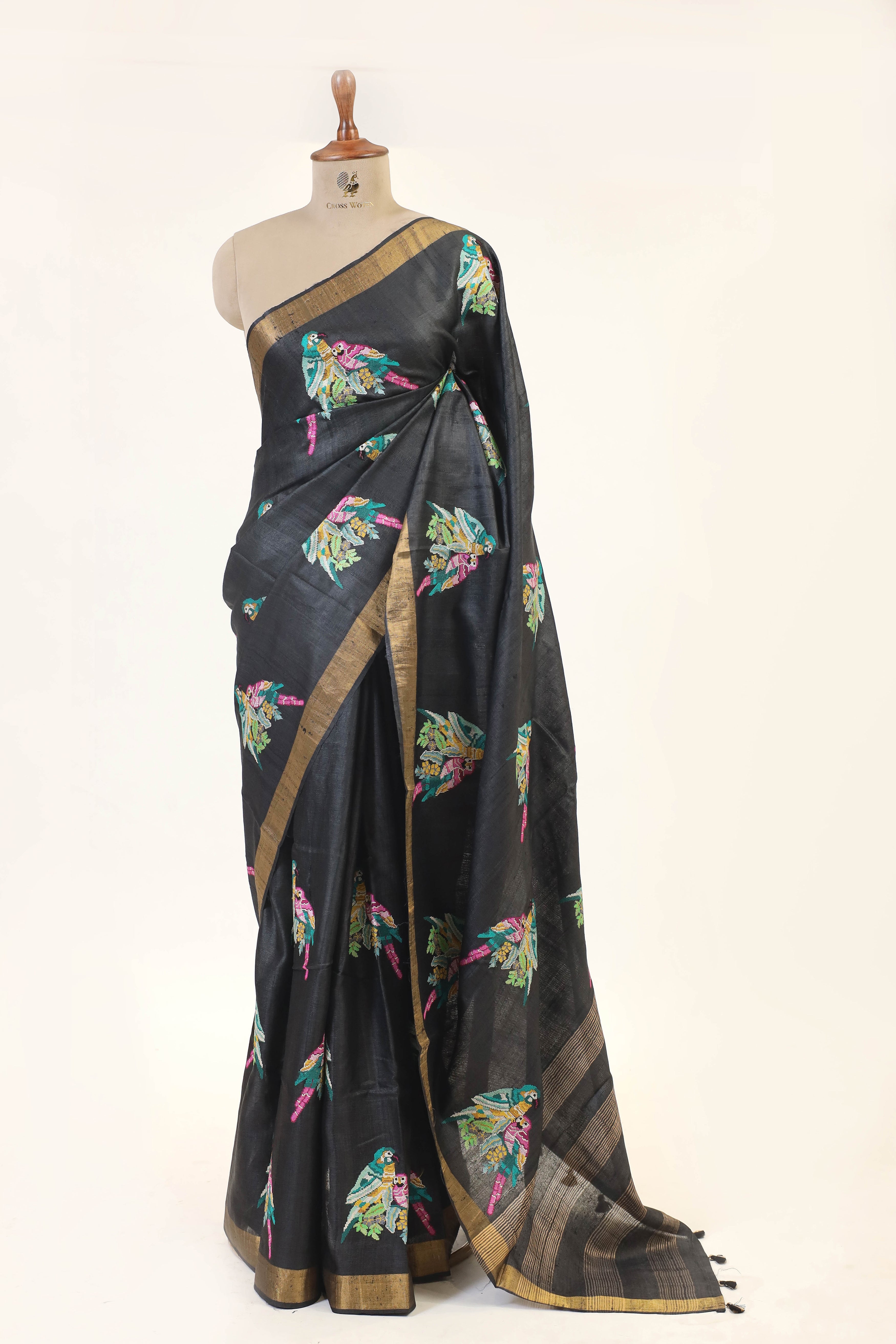 Black Tusser Silk Saree With Intricate Multicolor Bird Embroidery