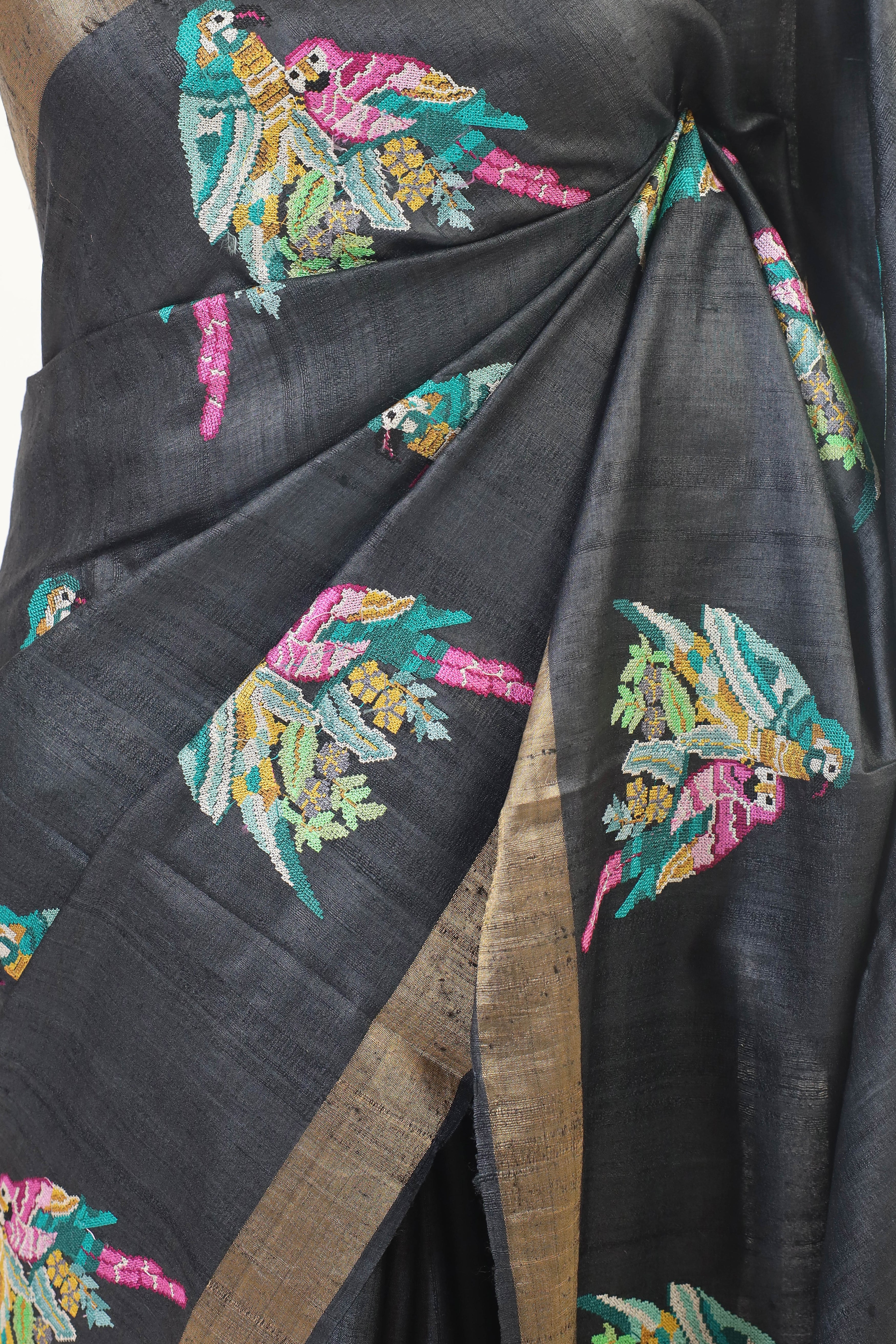 Black Tusser Silk Saree With Intricate Multicolor Bird Embroidery