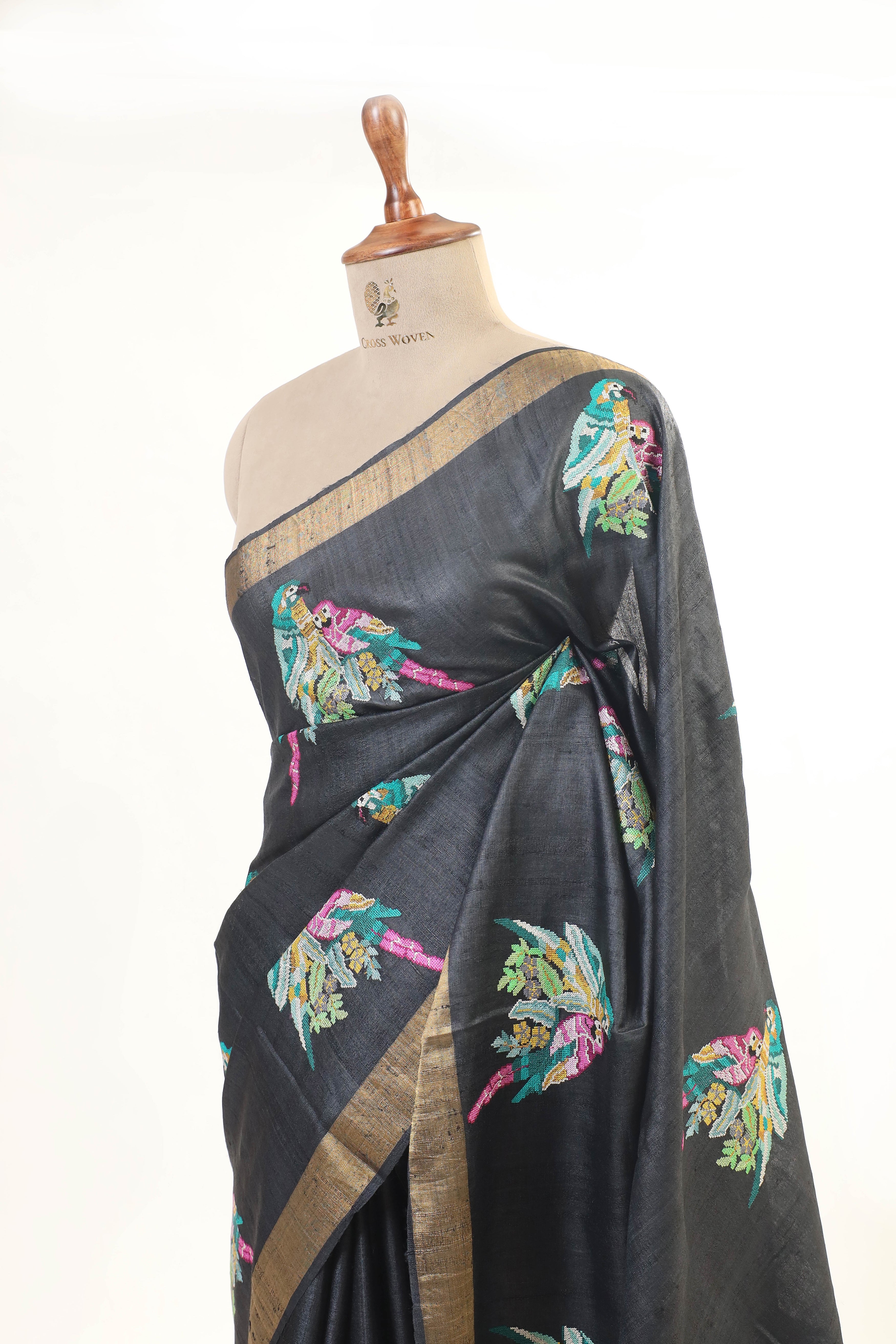 Black Tusser Silk Saree With Intricate Multicolor Bird Embroidery