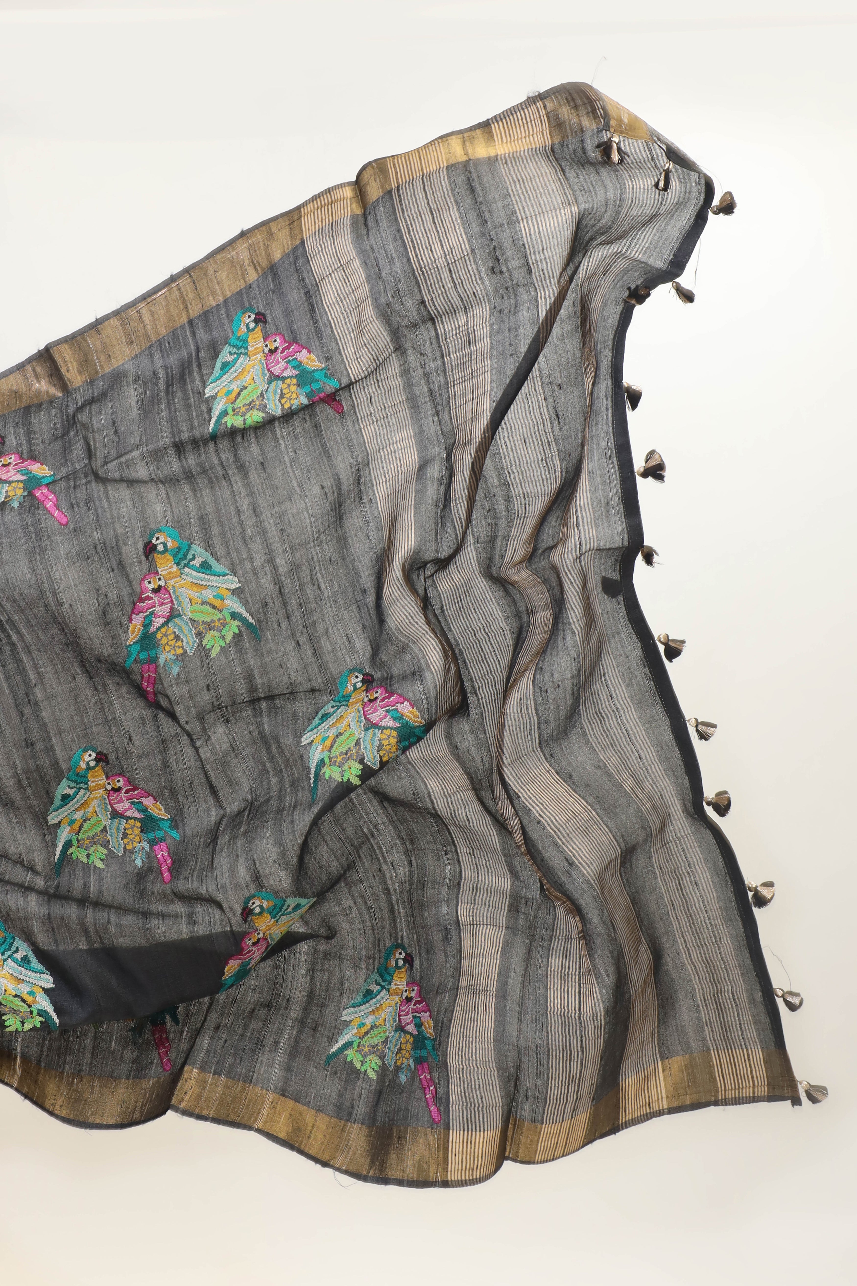 Black Tusser Silk Saree With Intricate Multicolor Bird Embroidery