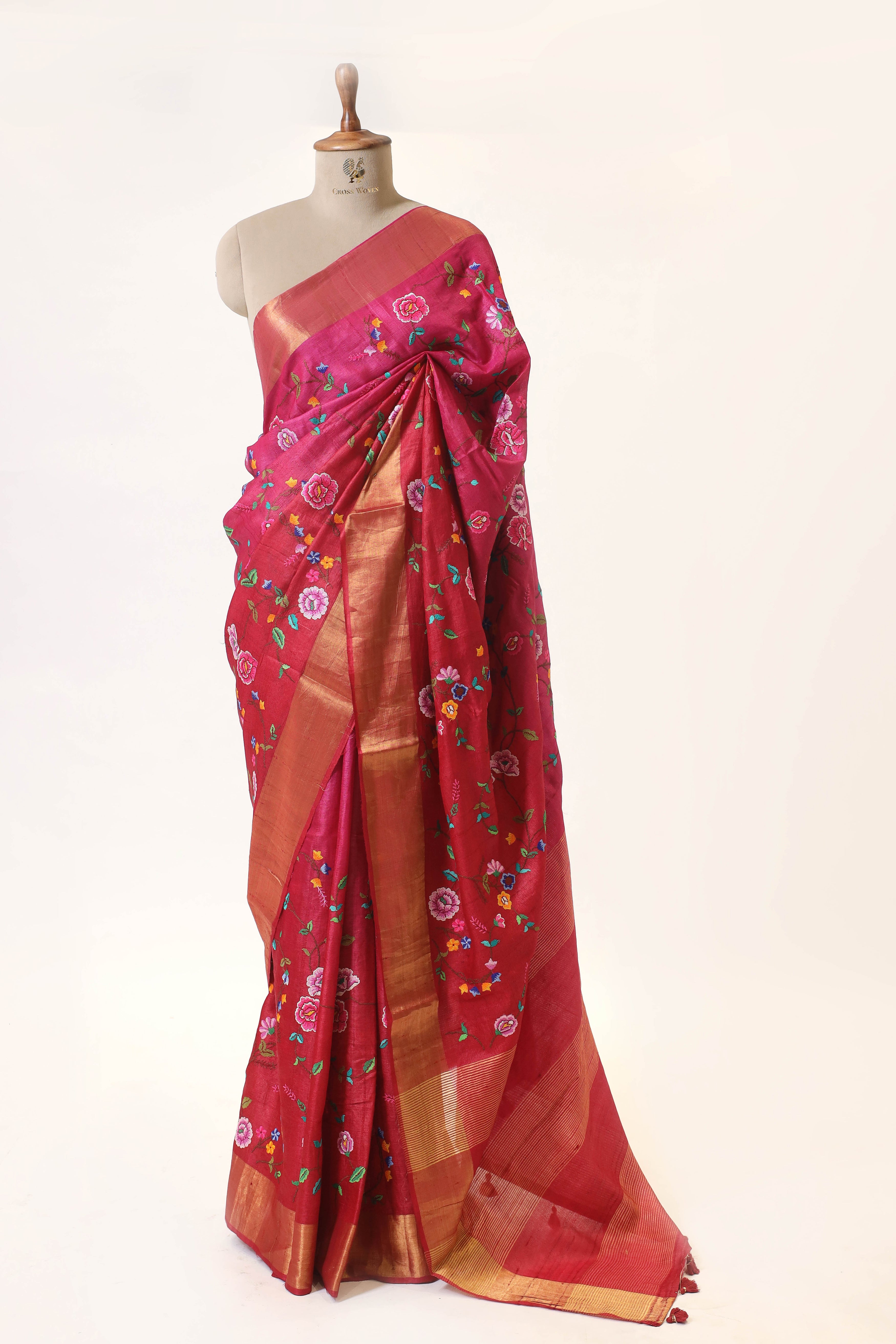 Pink Tussar Silk Saree with Floral Embroidery and Elegant Golden Border