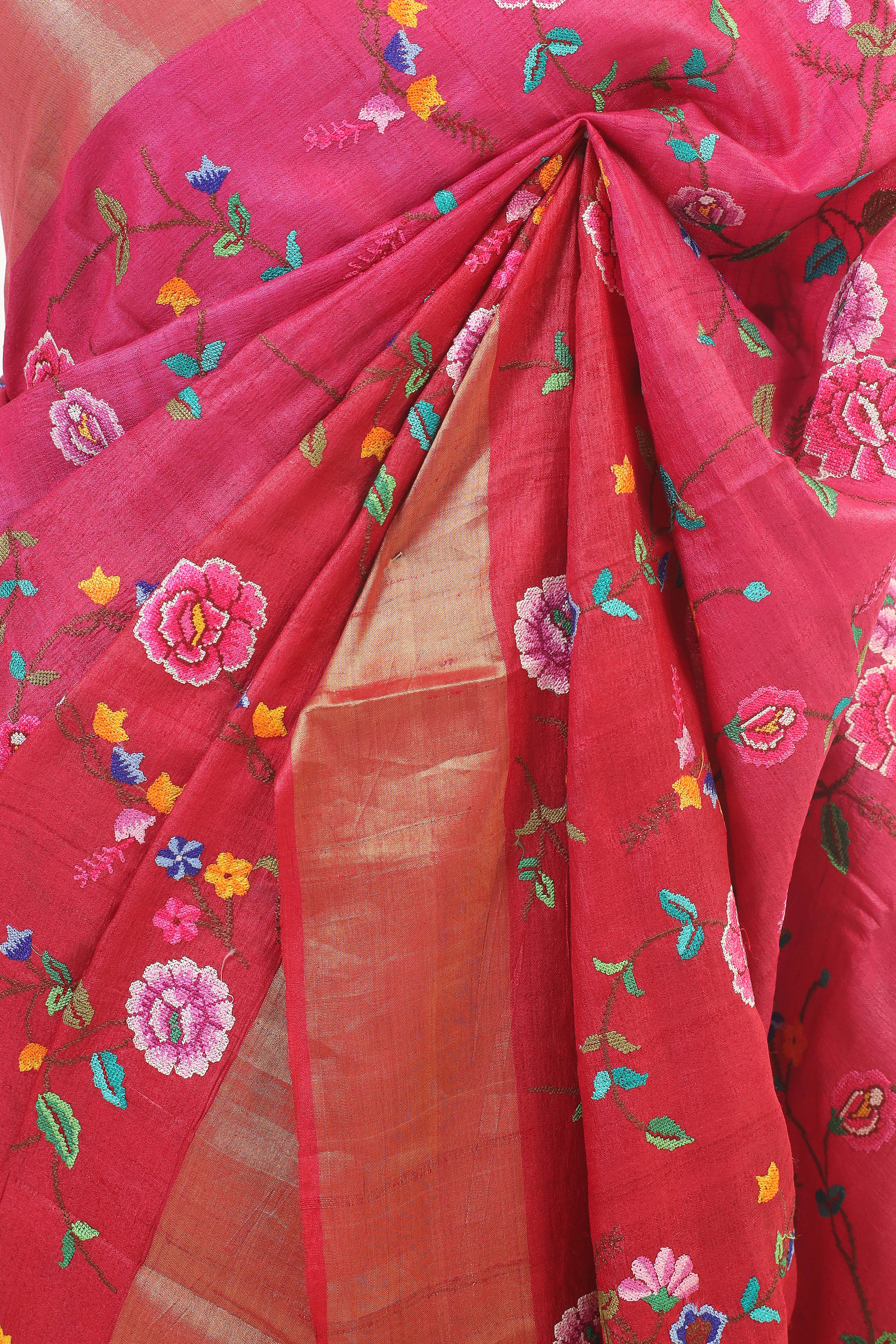 Pink Tussar Silk Saree with Floral Embroidery and Elegant Golden Border