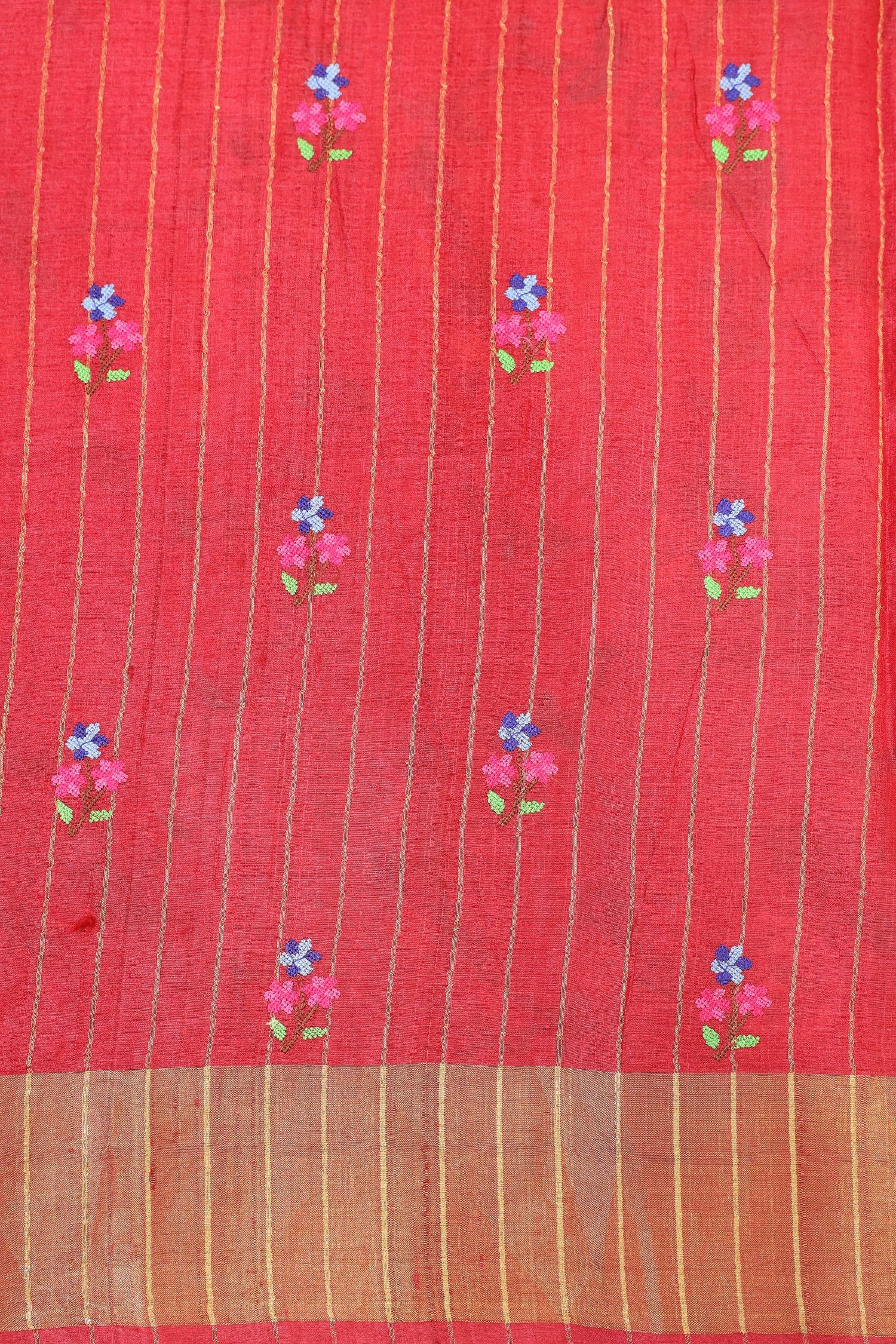 Pink Tussar Silk Saree with Floral Embroidery and Elegant Golden Border