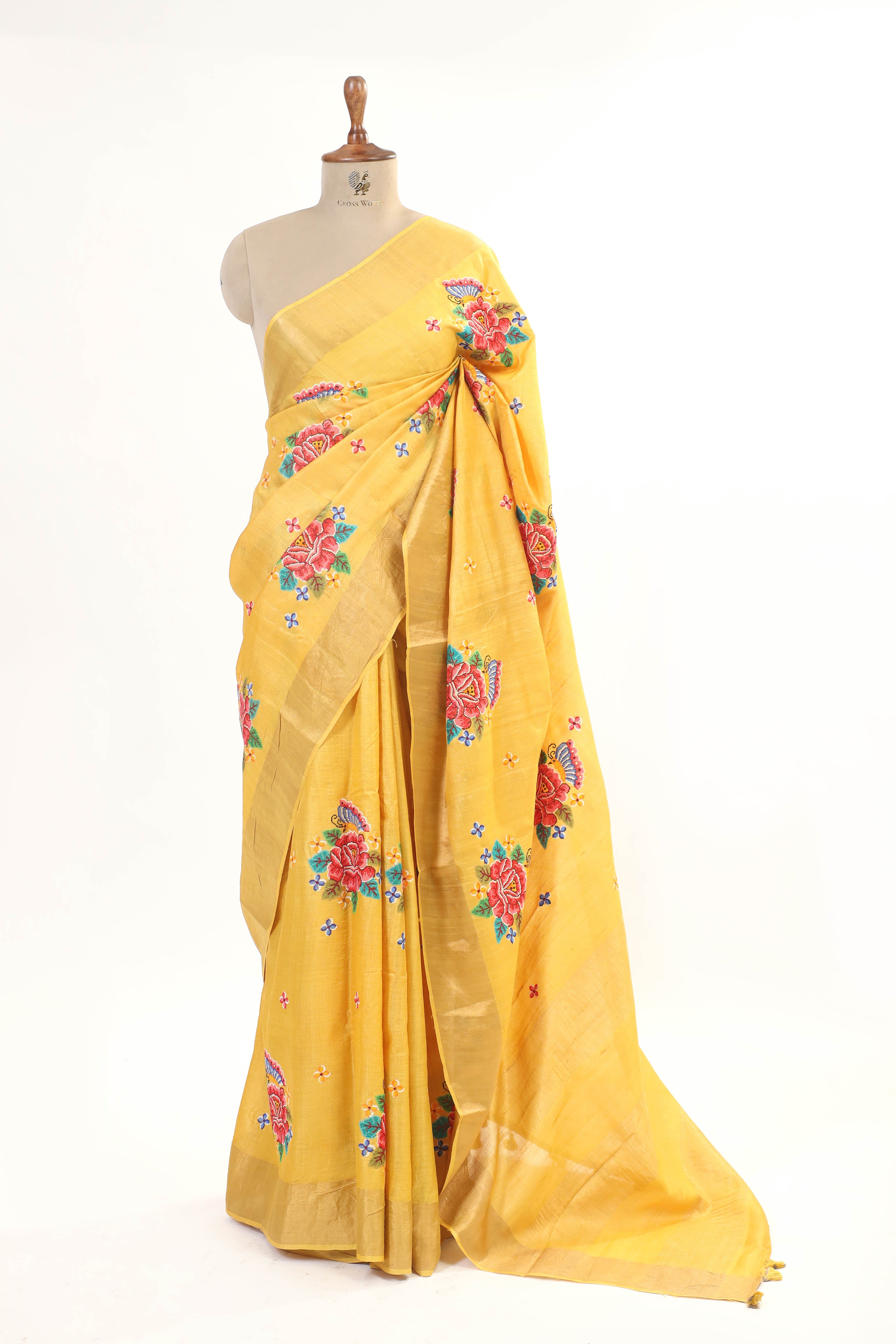 Yellow Tussar Silk Saree with Intricate Floral Embroidery and Subtle Golden Border